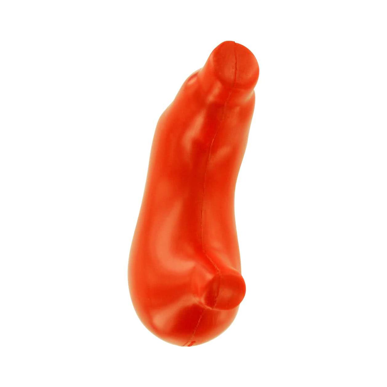 A red stomach-shaped stress reliever in a smooth, flexible material. It features a logo on the surface.