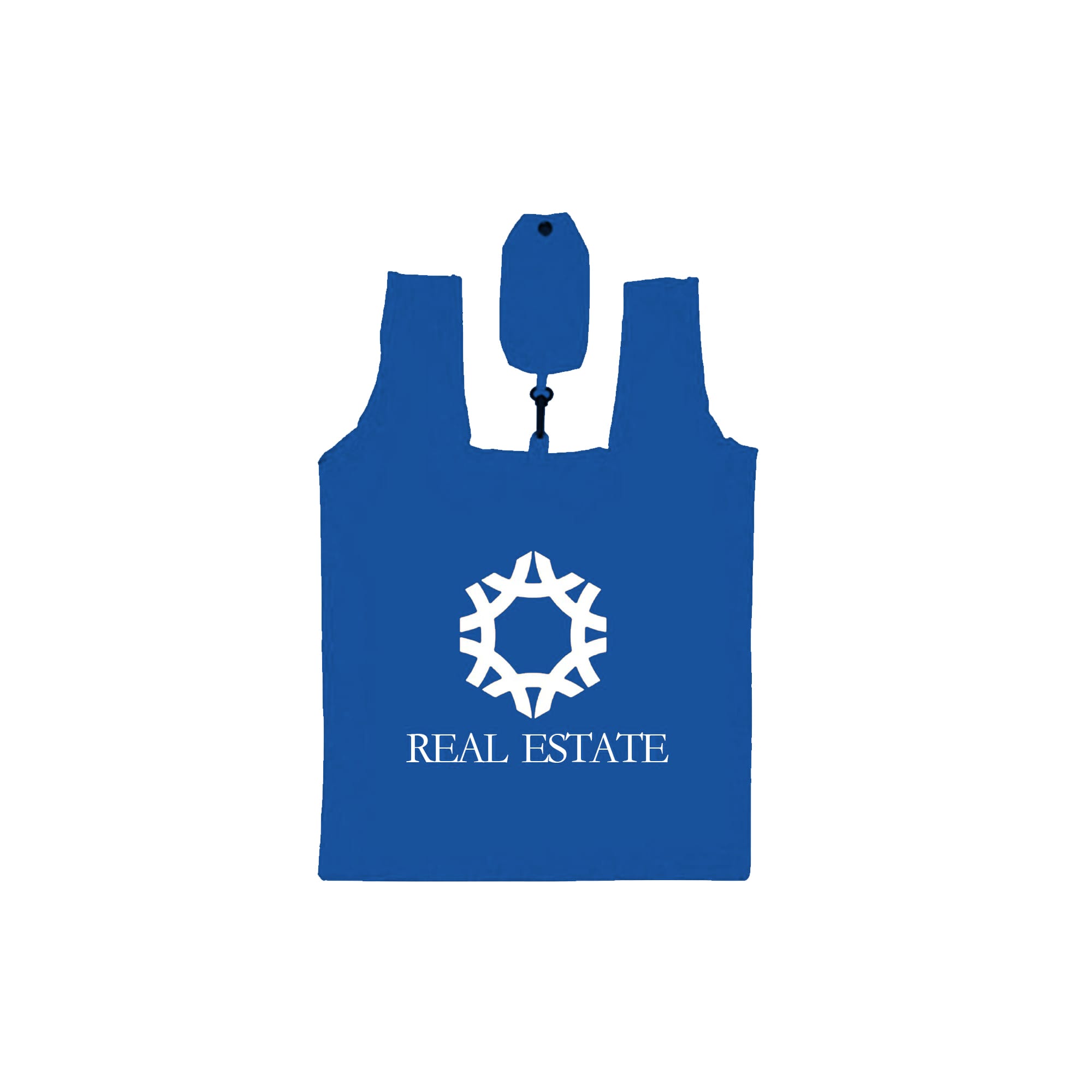 A blue foldable tote bag with two handles and a logo on the front, compactly folded at the top.