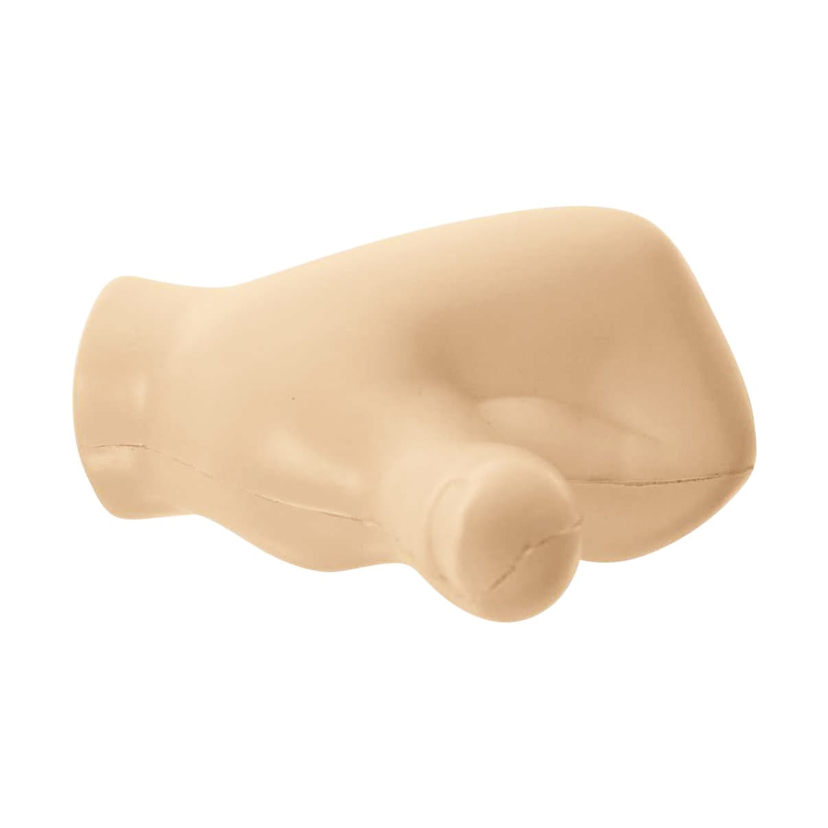 A beige thumb-shaped stress reliever with a smooth surface and a contoured design. It features a branding logo.