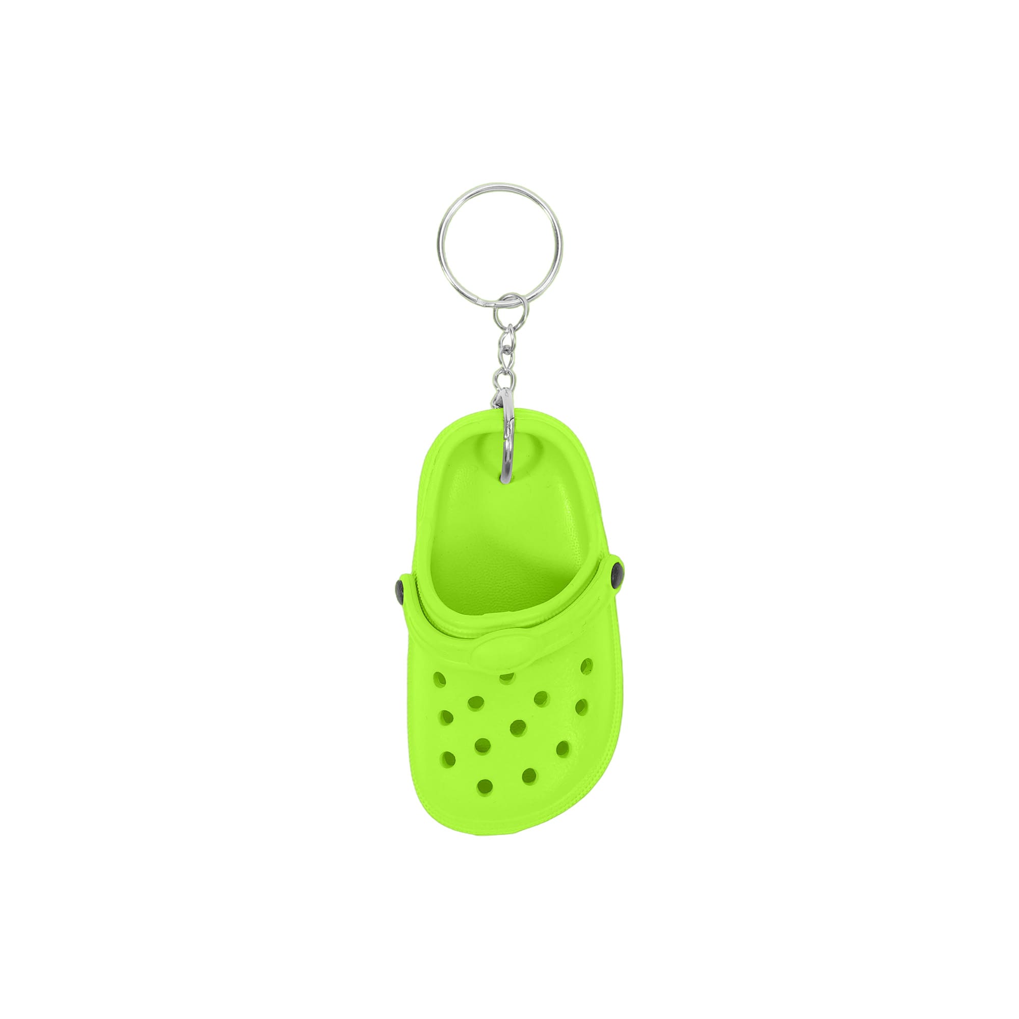 A bright green clog shoe keyring with perforations and a silver keyring attachment.