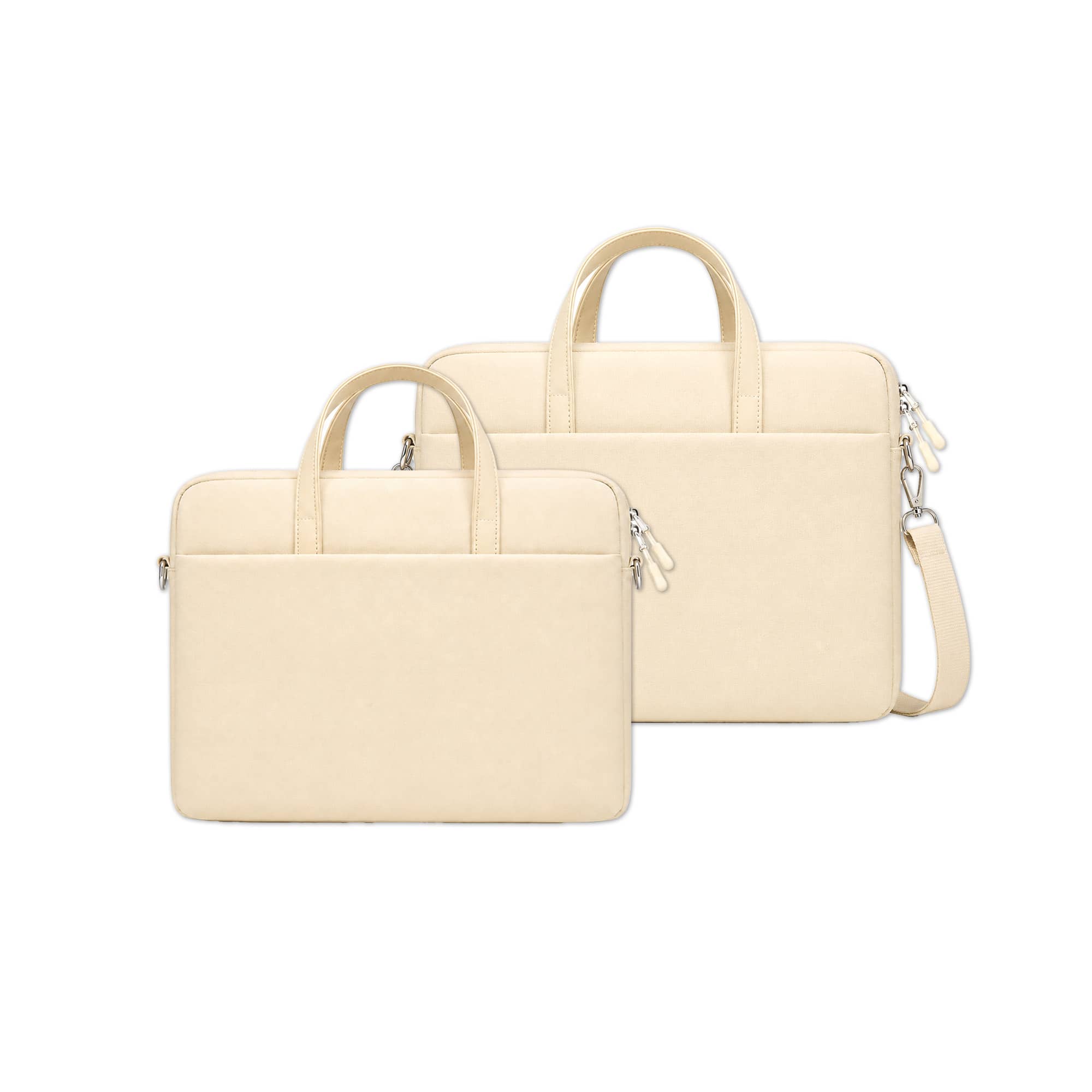 A cream-coloured laptop bag set featuring a main bag with handles and a slim bag with a shoulder strap, both with a logo.