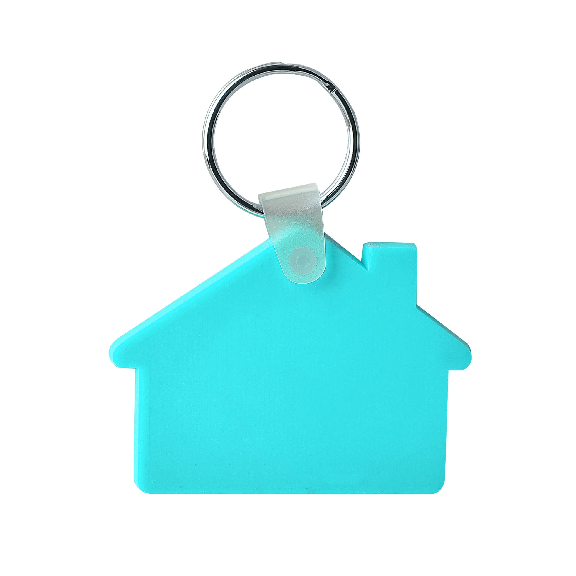 A turquoise house-shaped keyring with a metallic ring attachment.