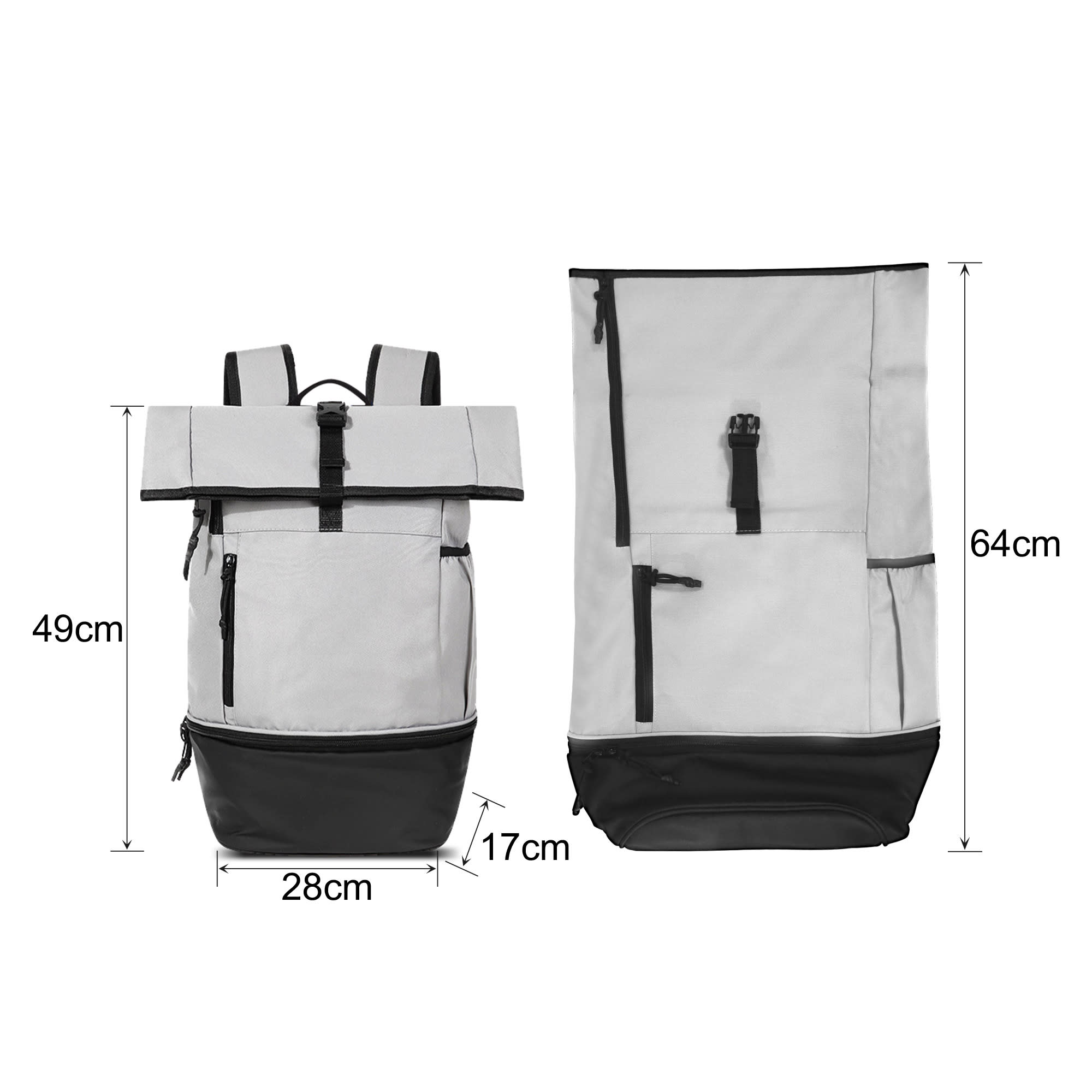 A grey and black sports roll top backpack with adjustable straps and multiple compartments. It features a logo.
