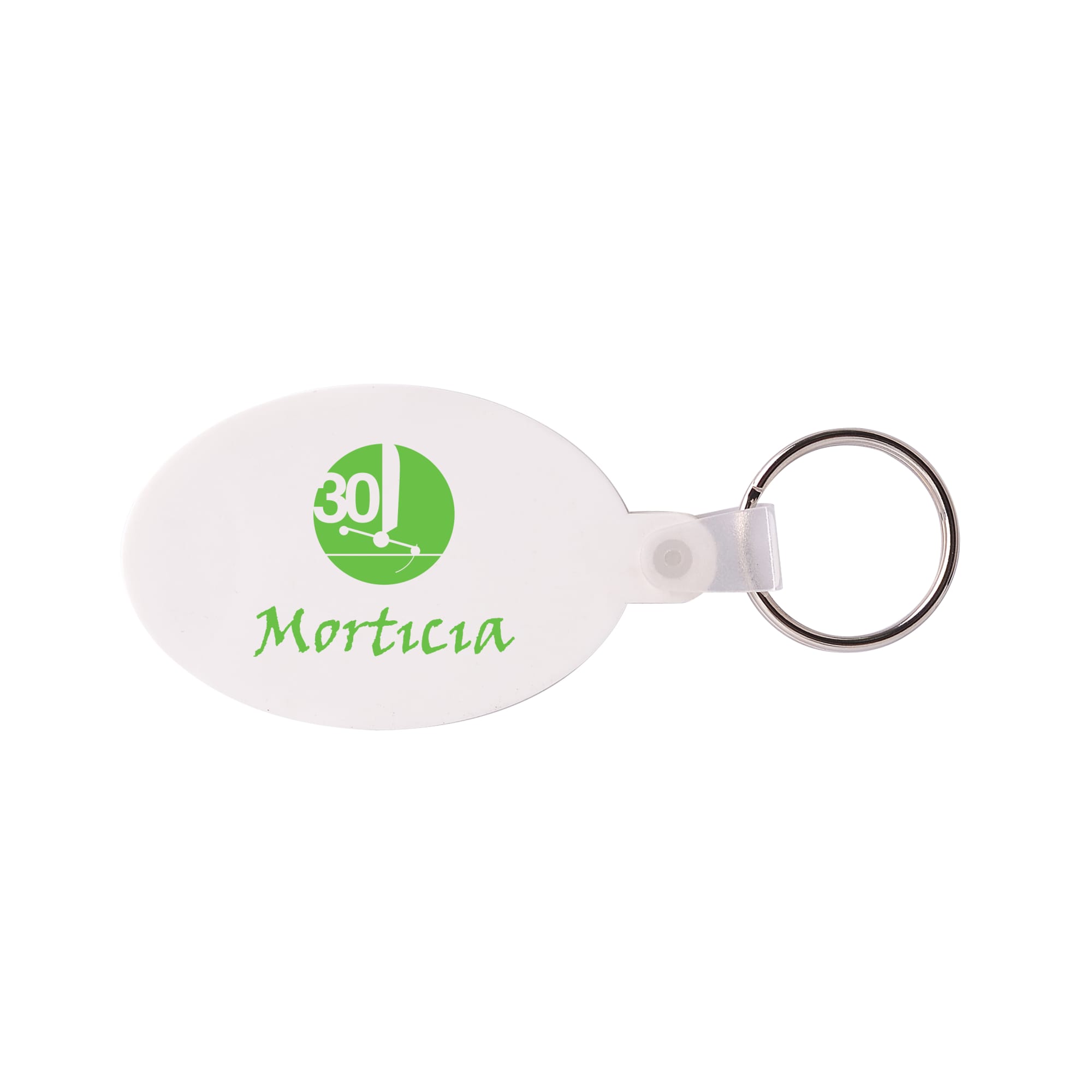 An oval white keyring with a green logo and a circular metal keychain attachment.