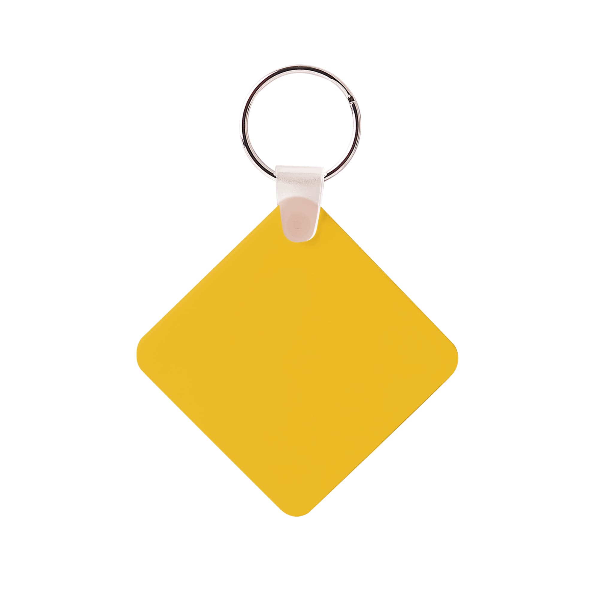 A yellow square keyring with a silver metal ring and a white attachment. It has a simple, flat design.