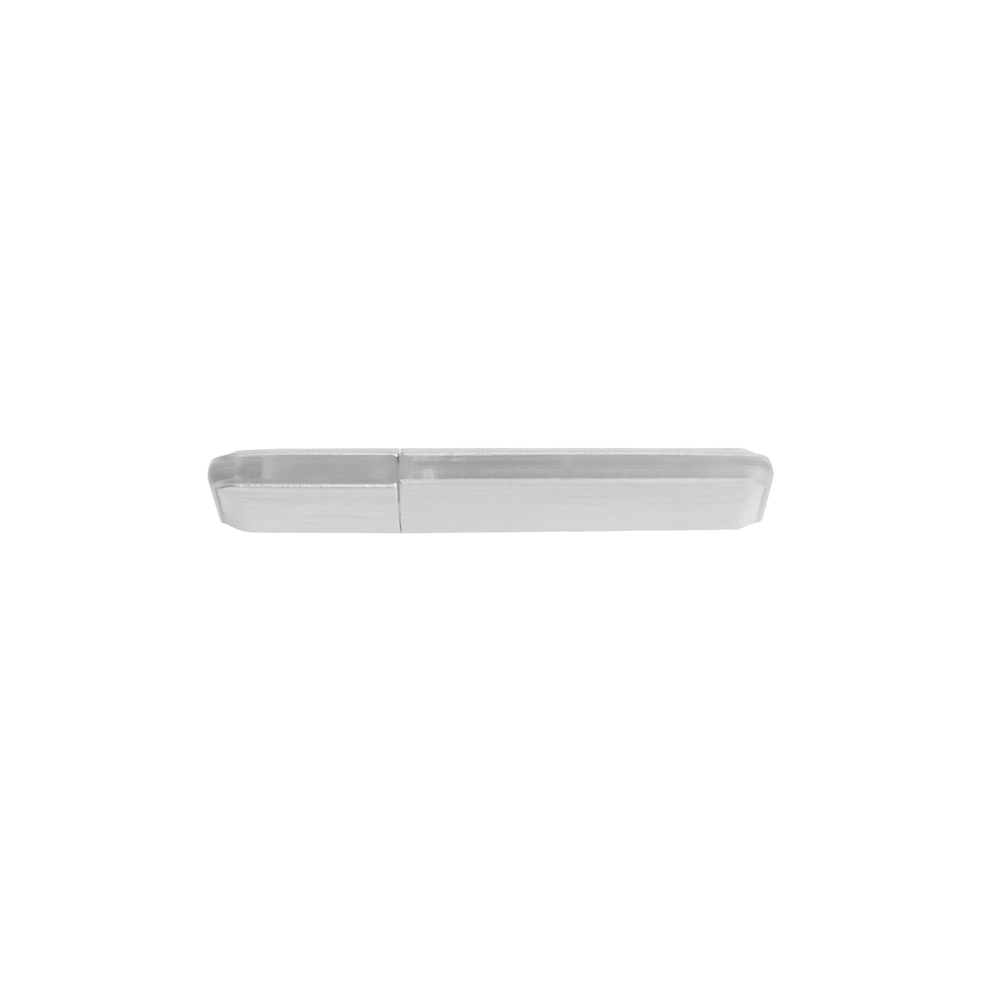 A silver flash drive with a sleek design, featuring a logo on its surface.