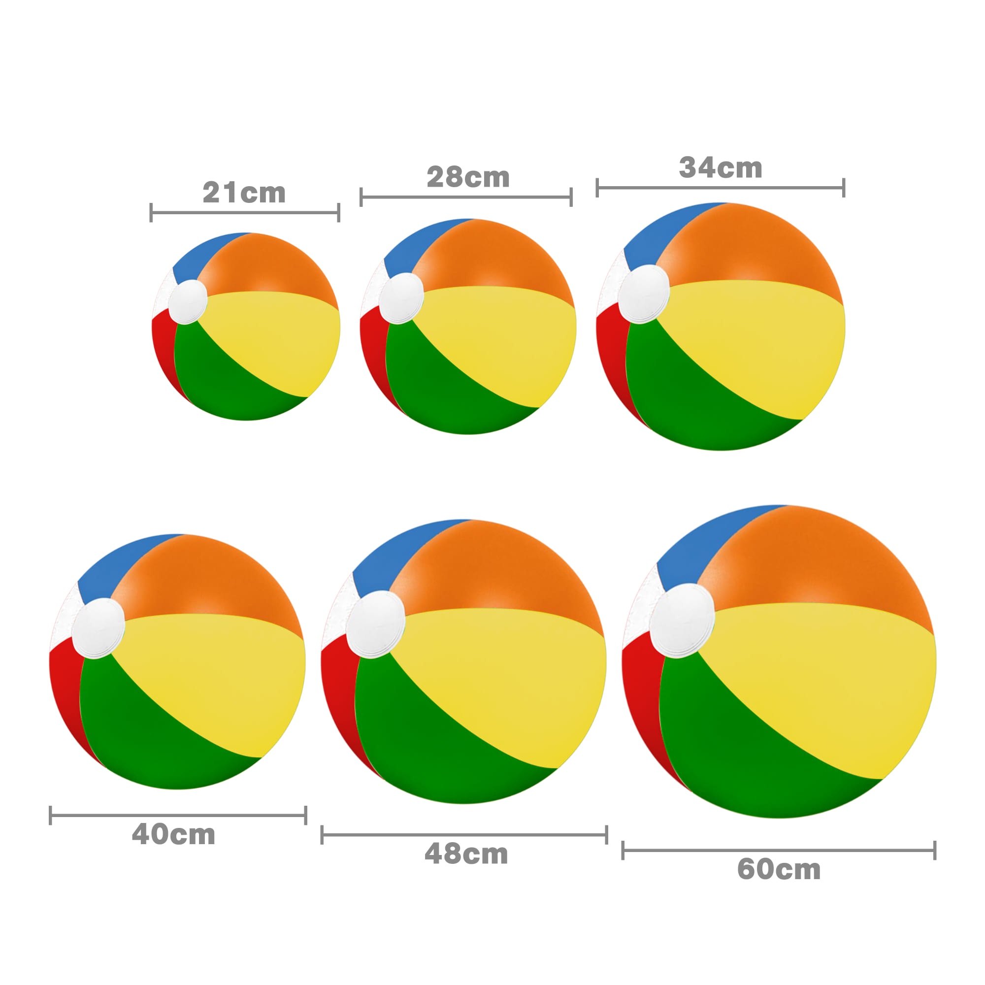An assortment of inflatable beach balls in various sizes, featuring vibrant colours like yellow, green, blue, and orange.