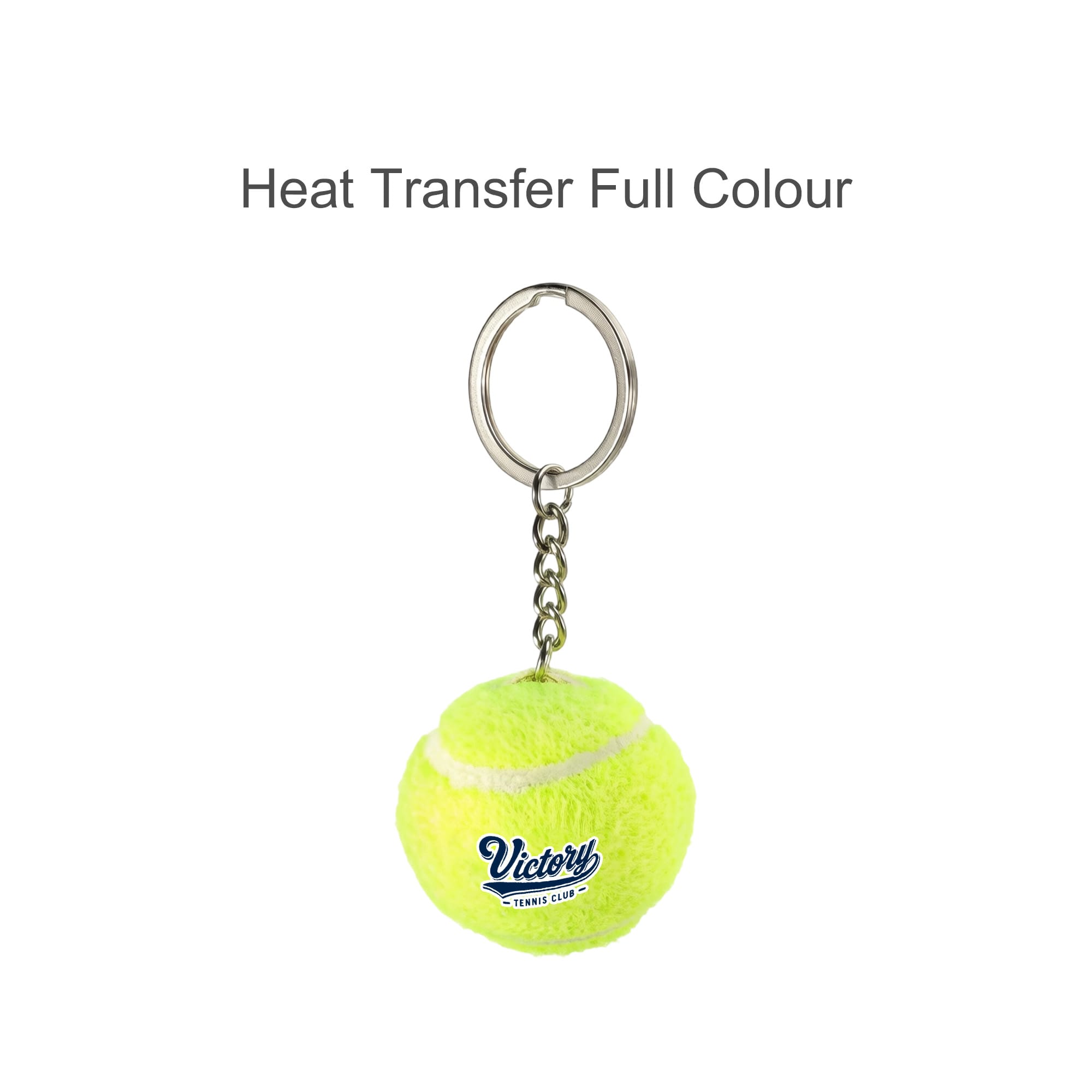 A tennis ball keyring in bright yellow with a chain and a branded logo.