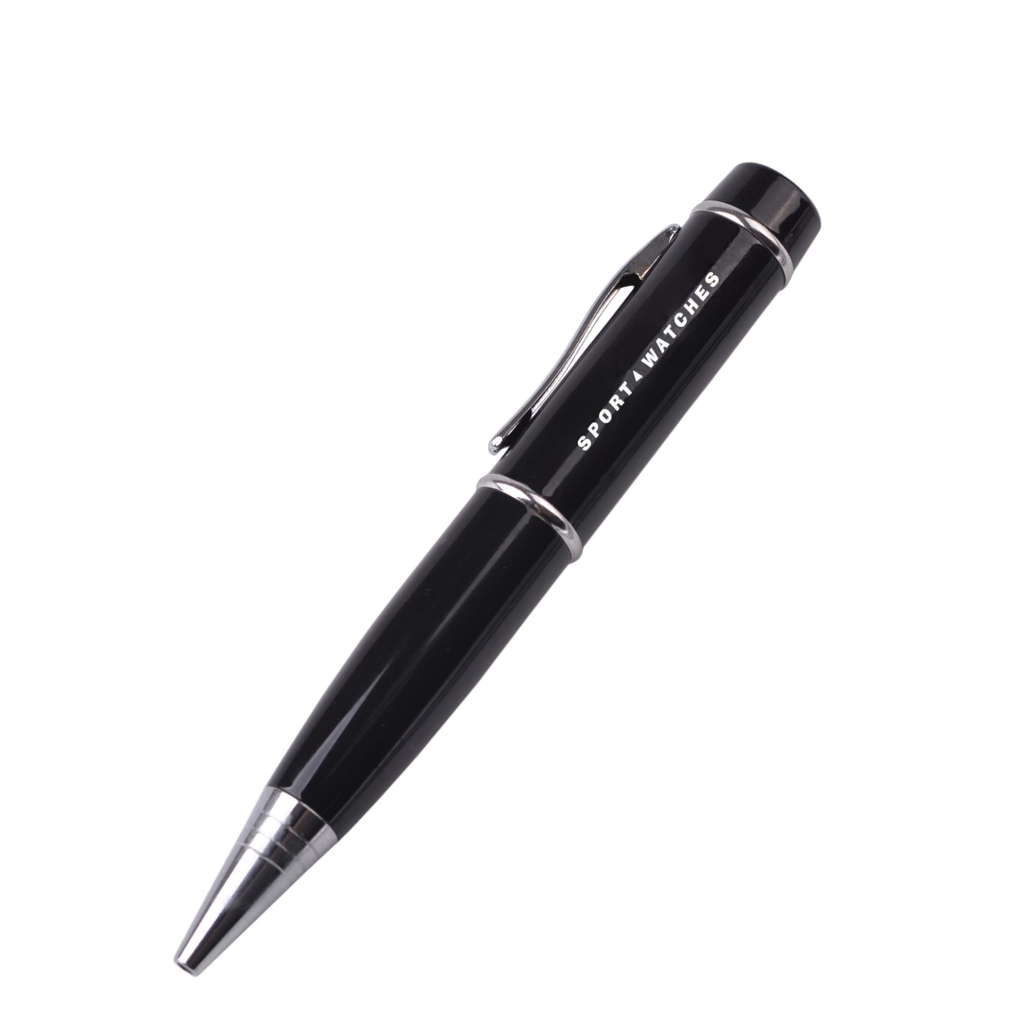 A sleek black pen with metallic accents, featuring a logo and a clip for easy attachment.