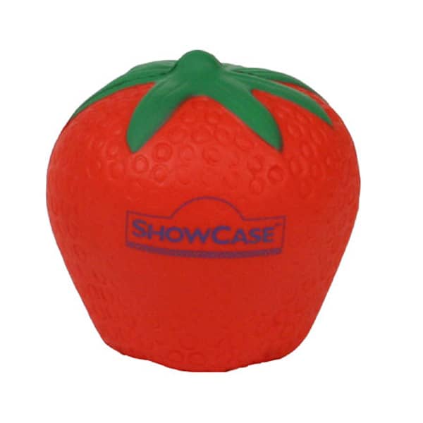 A strawberry-shaped stress reliever in bright red with a green top, featuring a logo.