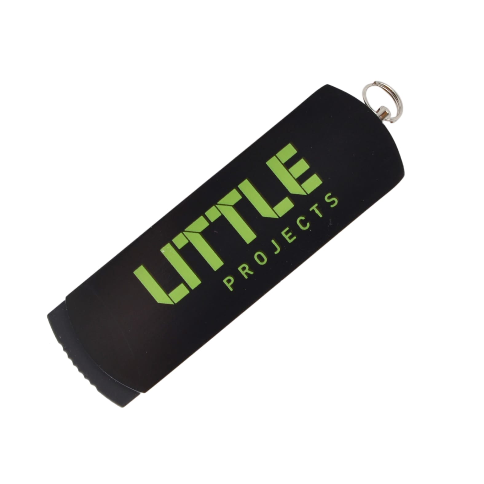 A black flash drive with a green logo and a keyring attachment for easy portability.