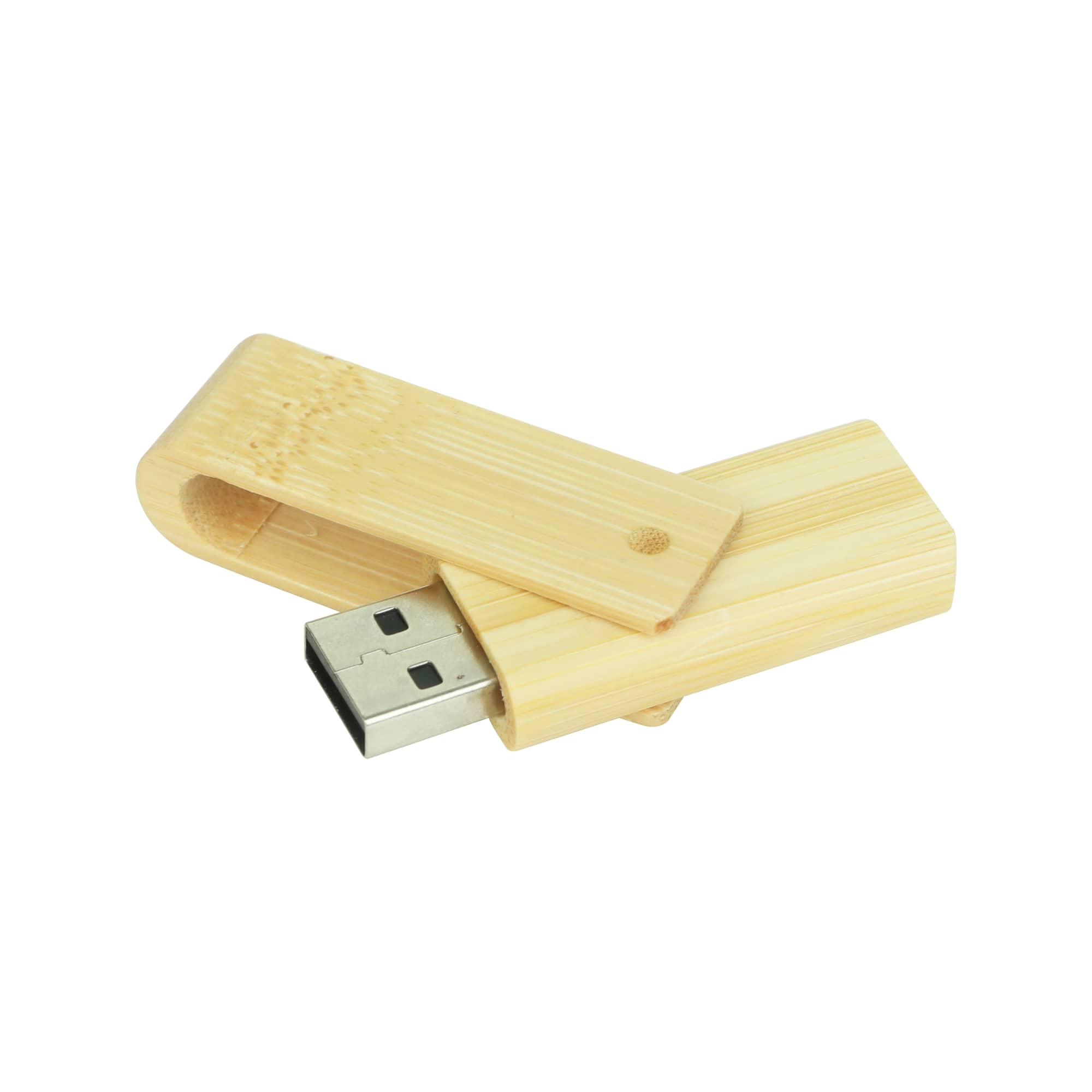 A wooden flash drive with a bamboo finish, featuring a sliding cap and USB connector, showcasing a natural aesthetic.