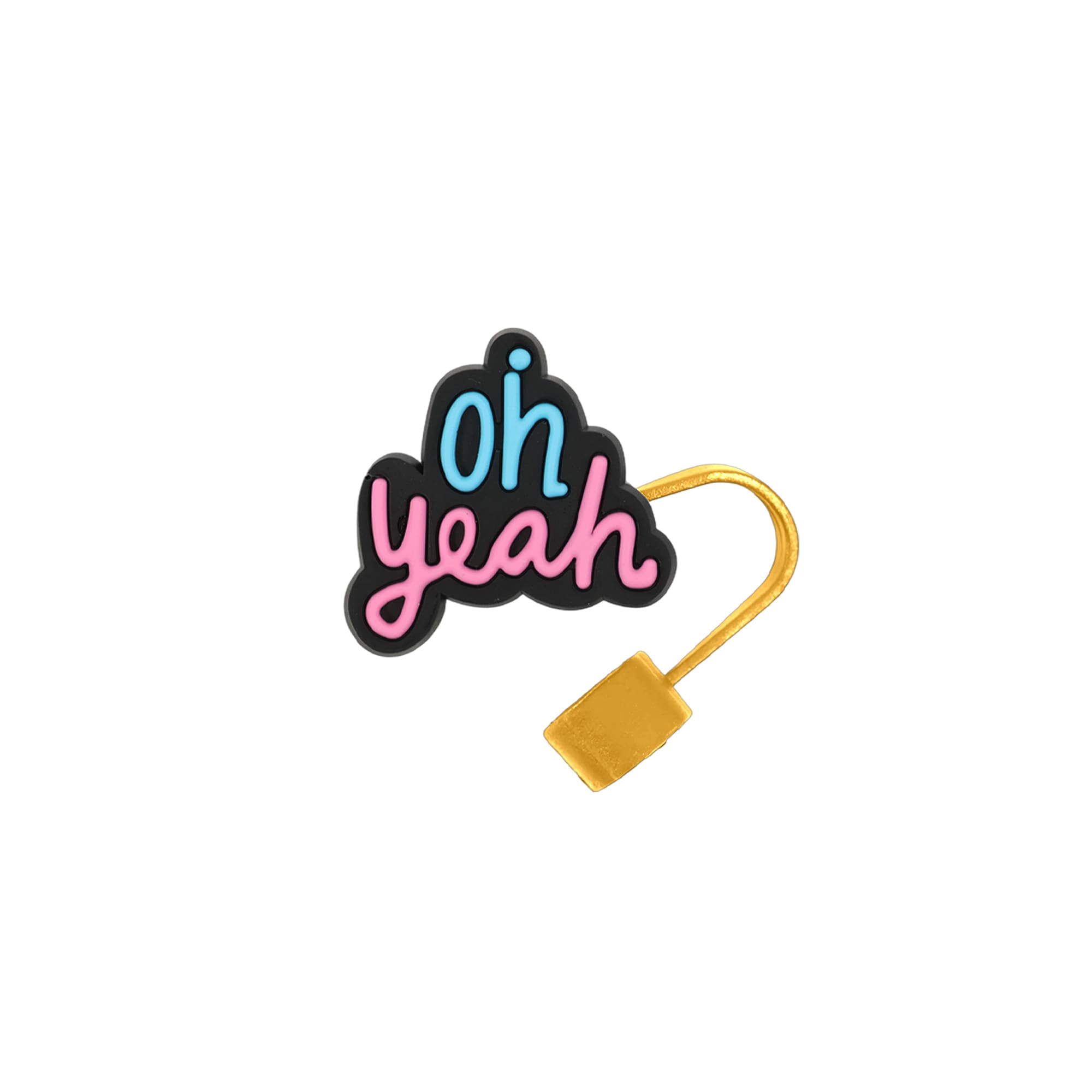 A drink bottle accessory in vibrant colours, featuring a playful "Oh Yeah" design with a gold hook attachment.