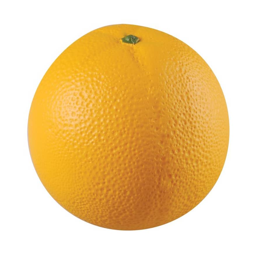 An orange shape stress reliever, featuring a textured yellow surface and a green top, with a logo.