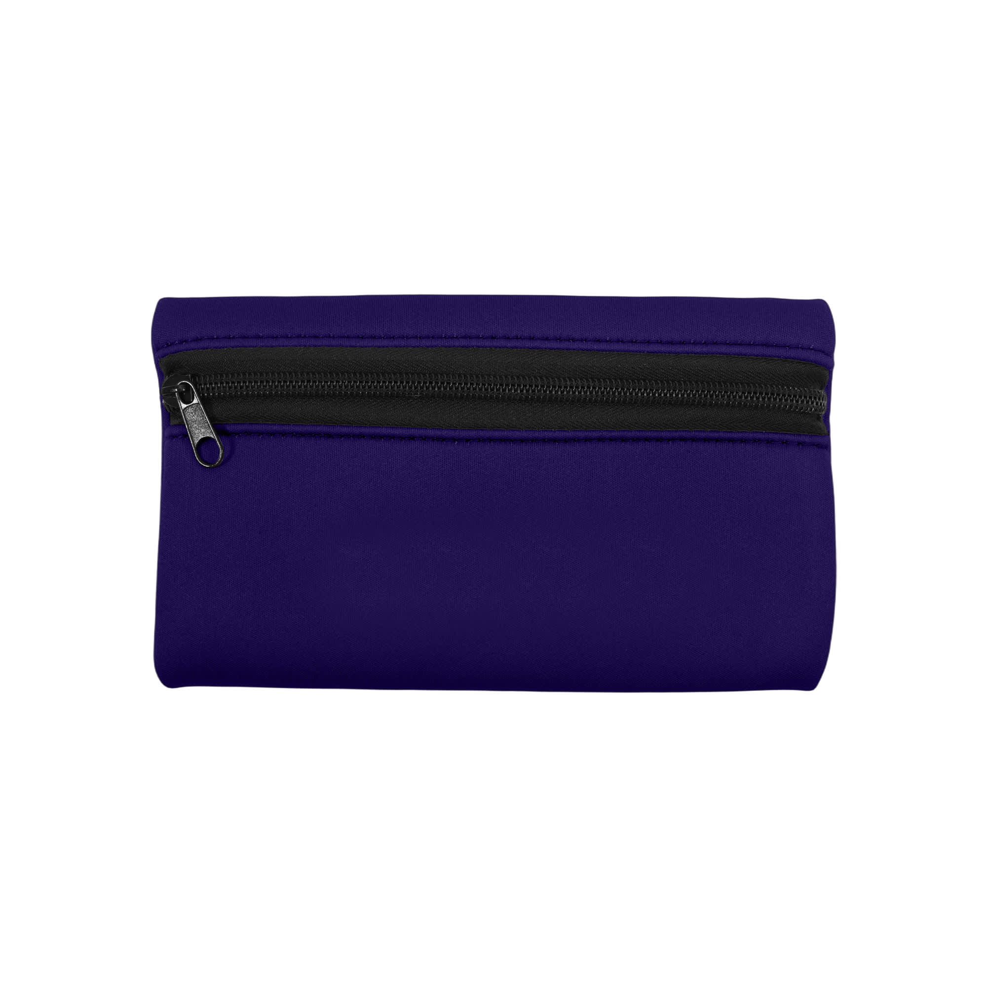 A small purple neoprene pencil pouch with a black zip closure and a simple design.