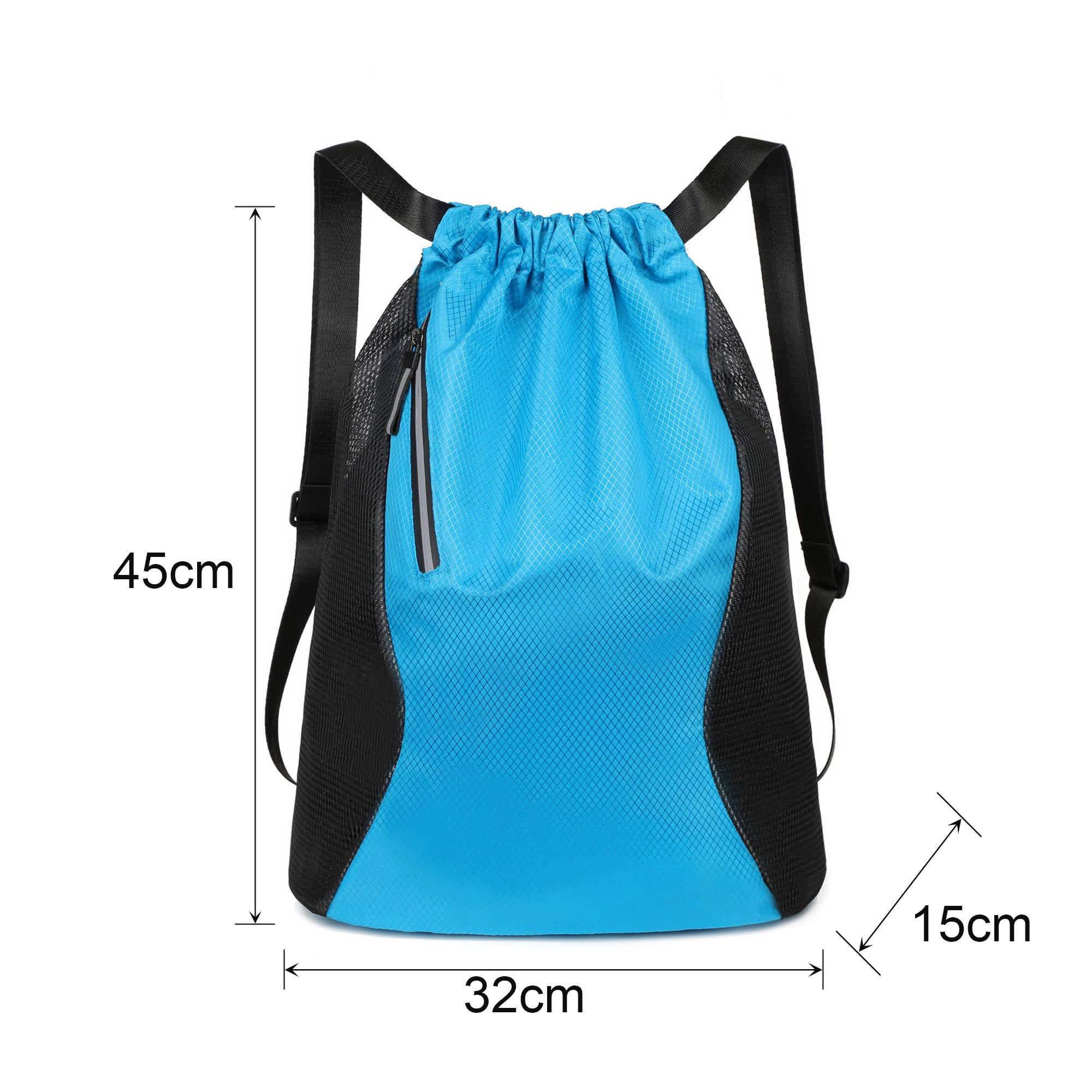 A blue sports drawstring backpack with black accents and adjustable straps, featuring a side zip pocket.