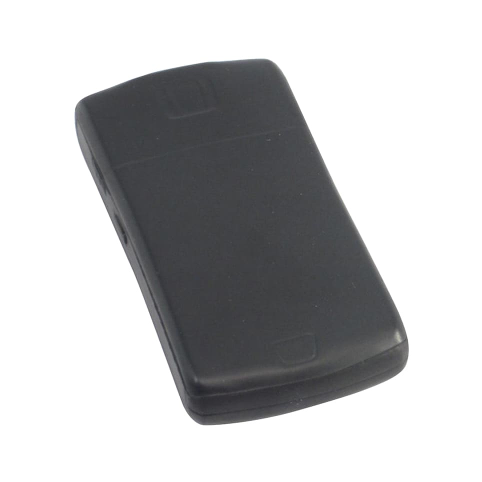 A black mobile phone-shaped stress reliever with a smooth surface and rounded edges, featuring a logo.