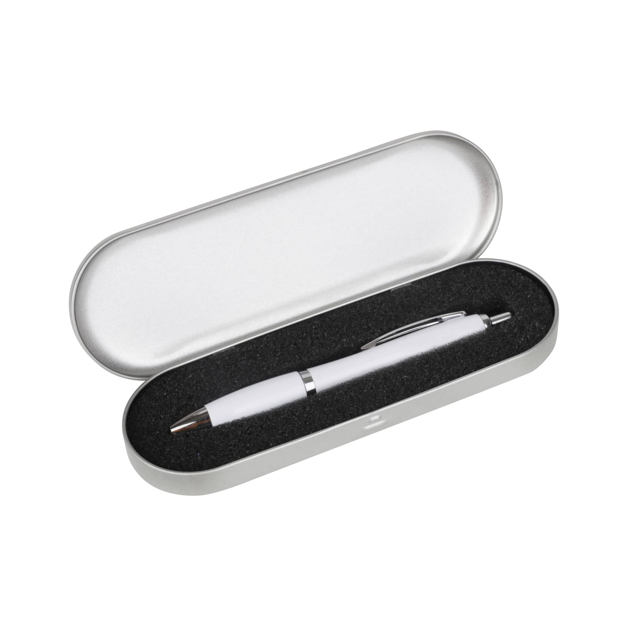 A silver tin with a black foam insert, holding a white pen inside. The tin has a sleek design and includes branding.