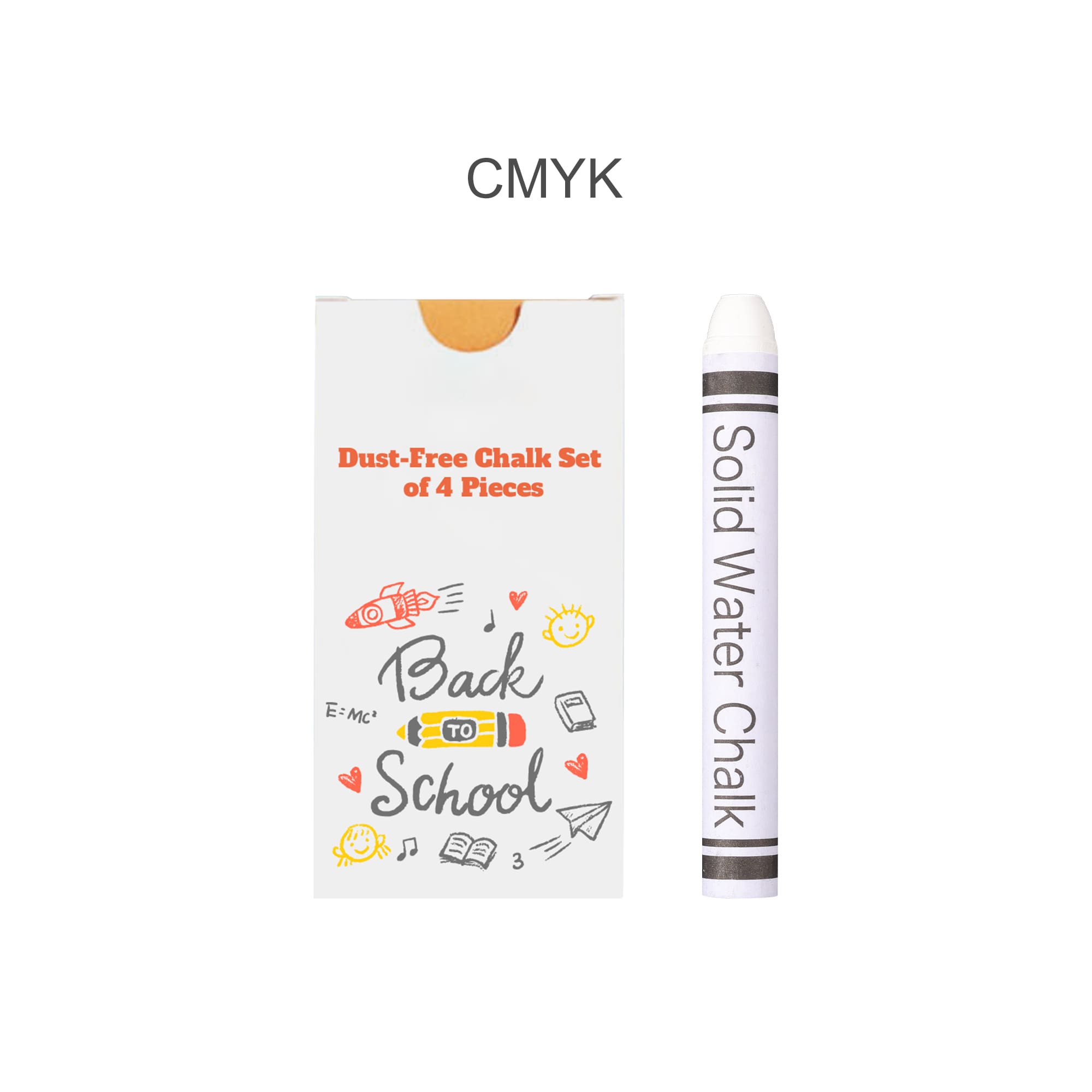 A white box containing four dust-free chalk sticks in various colours, featuring a logo on the packaging.