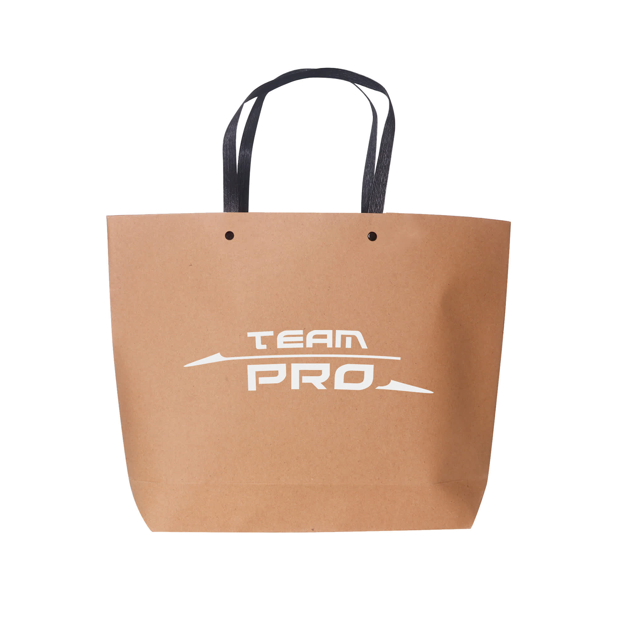 A small brown boutique paper bag with black handles and a logo. Features a simple, elegant design.