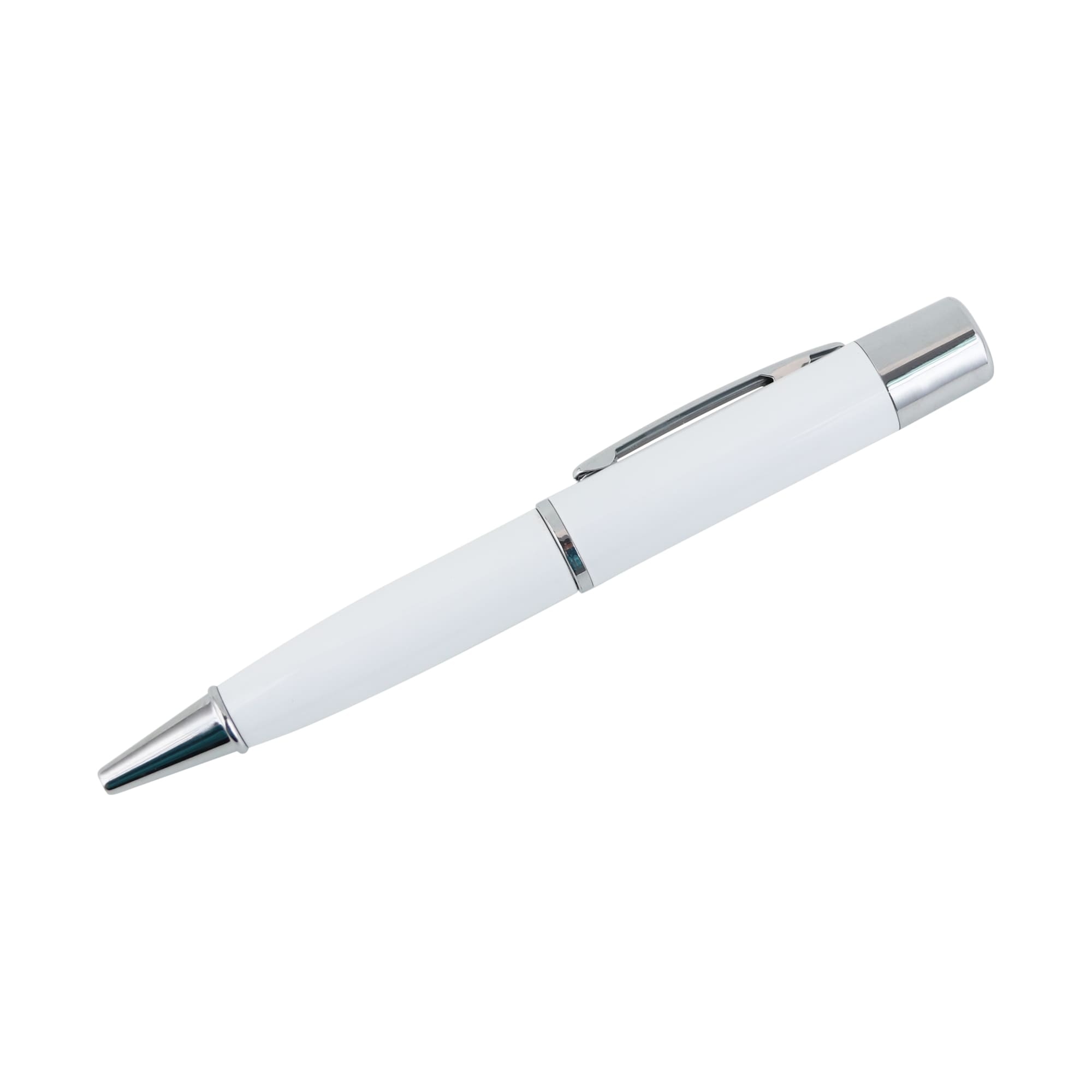 A metal pen flash drive in white with chrome accents. It features a cap and a sleek design with a logo.