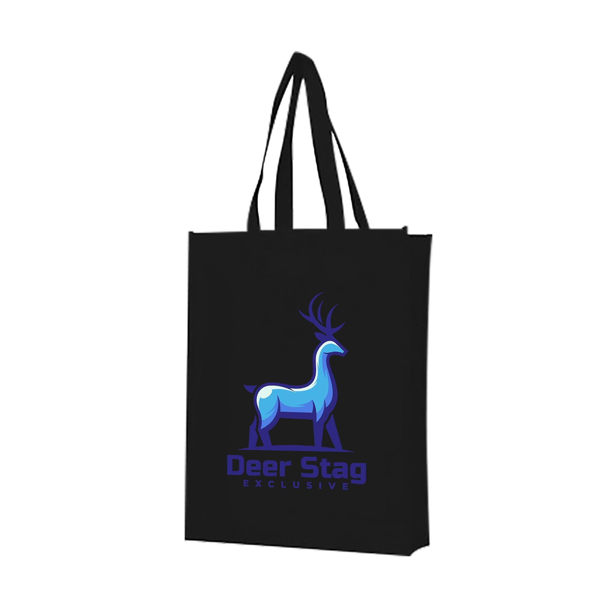 A black non-woven bag with a large gusset featuring a logo of a stylised deer.
