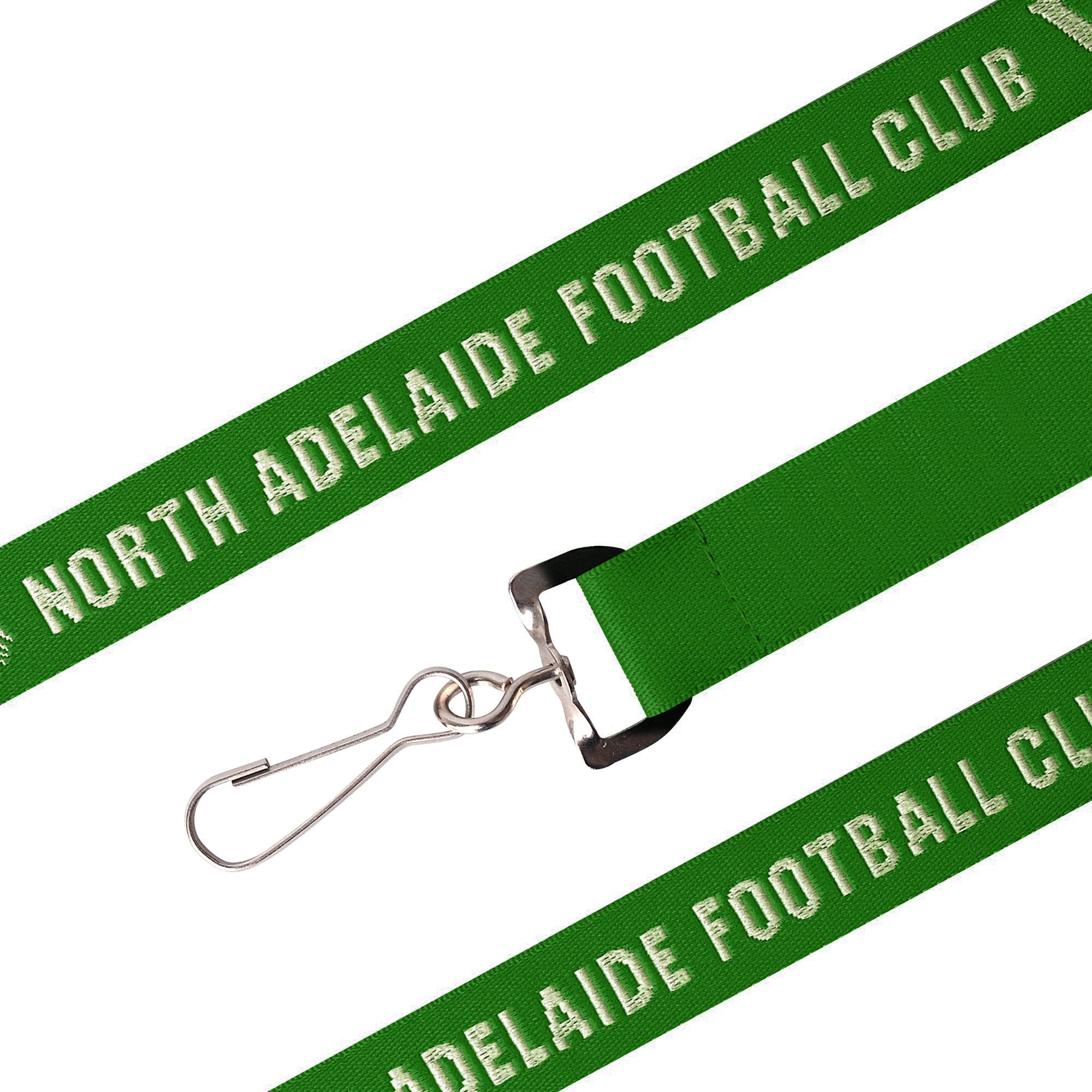 A green woven lanyard with metal clip and branding. It features a sturdy design suitable for attaching items.