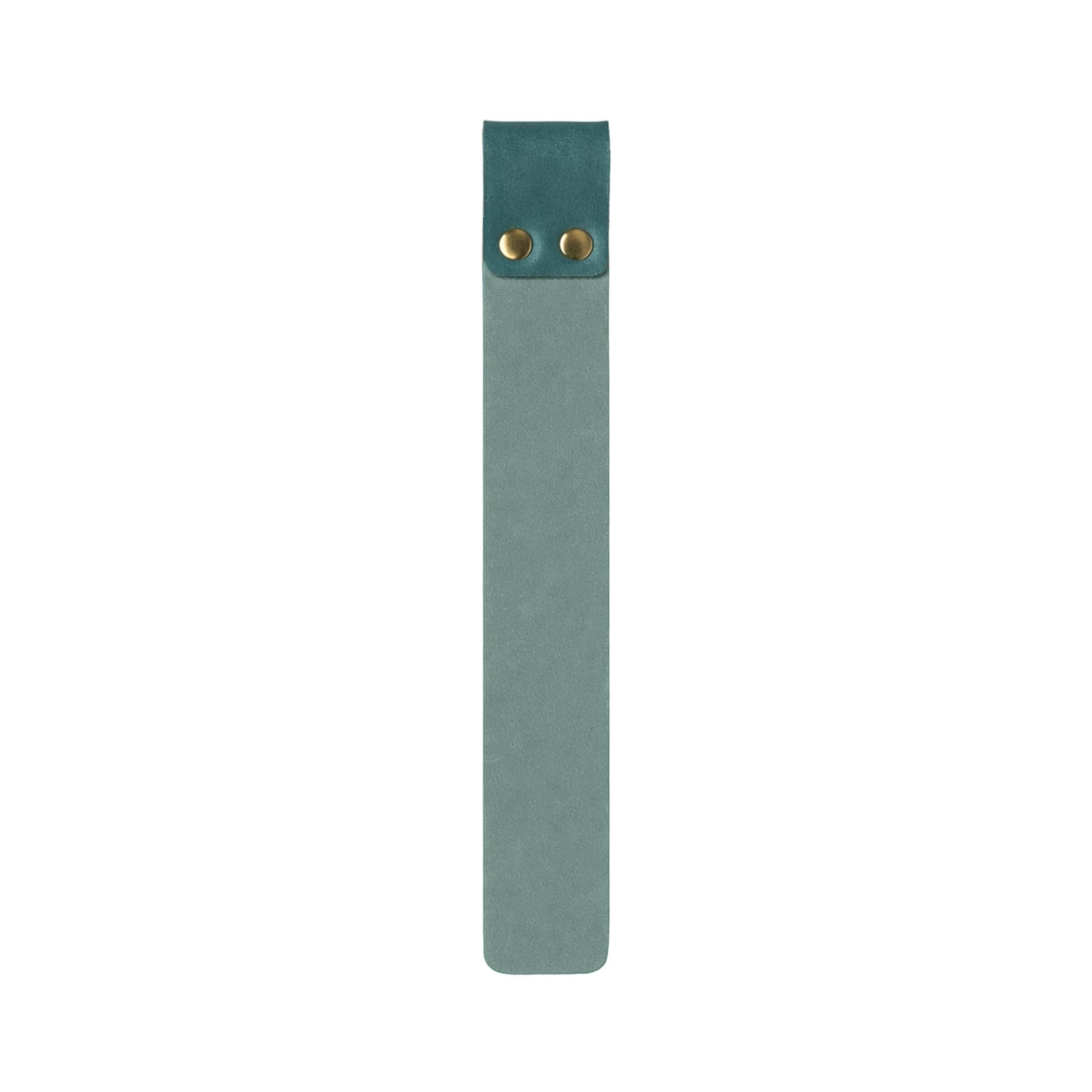 A custom PU bookmark in teal, featuring a smooth surface and two brass rivets at the top.