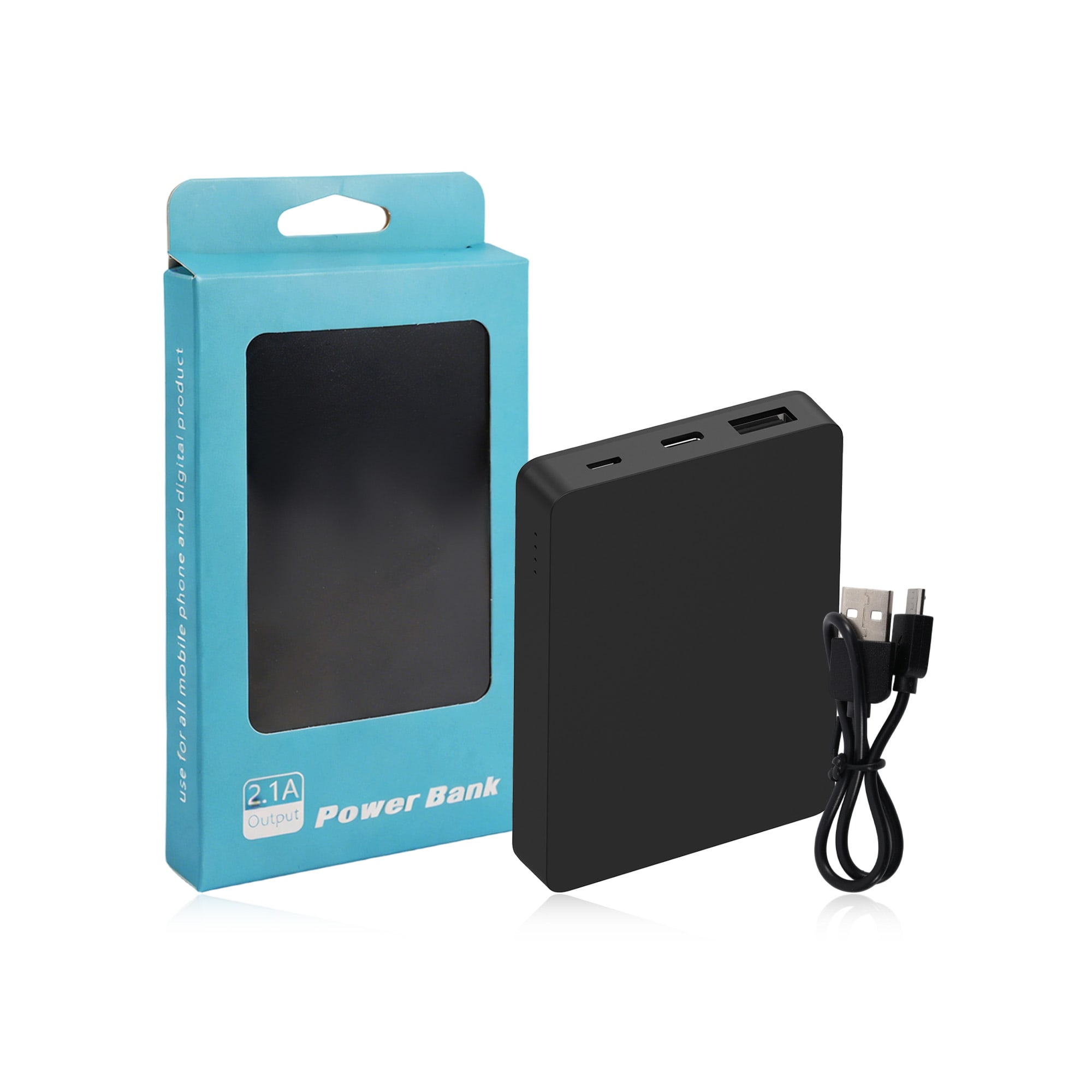A black square power bank is displayed in its blue packaging, accompanied by a USB cable.