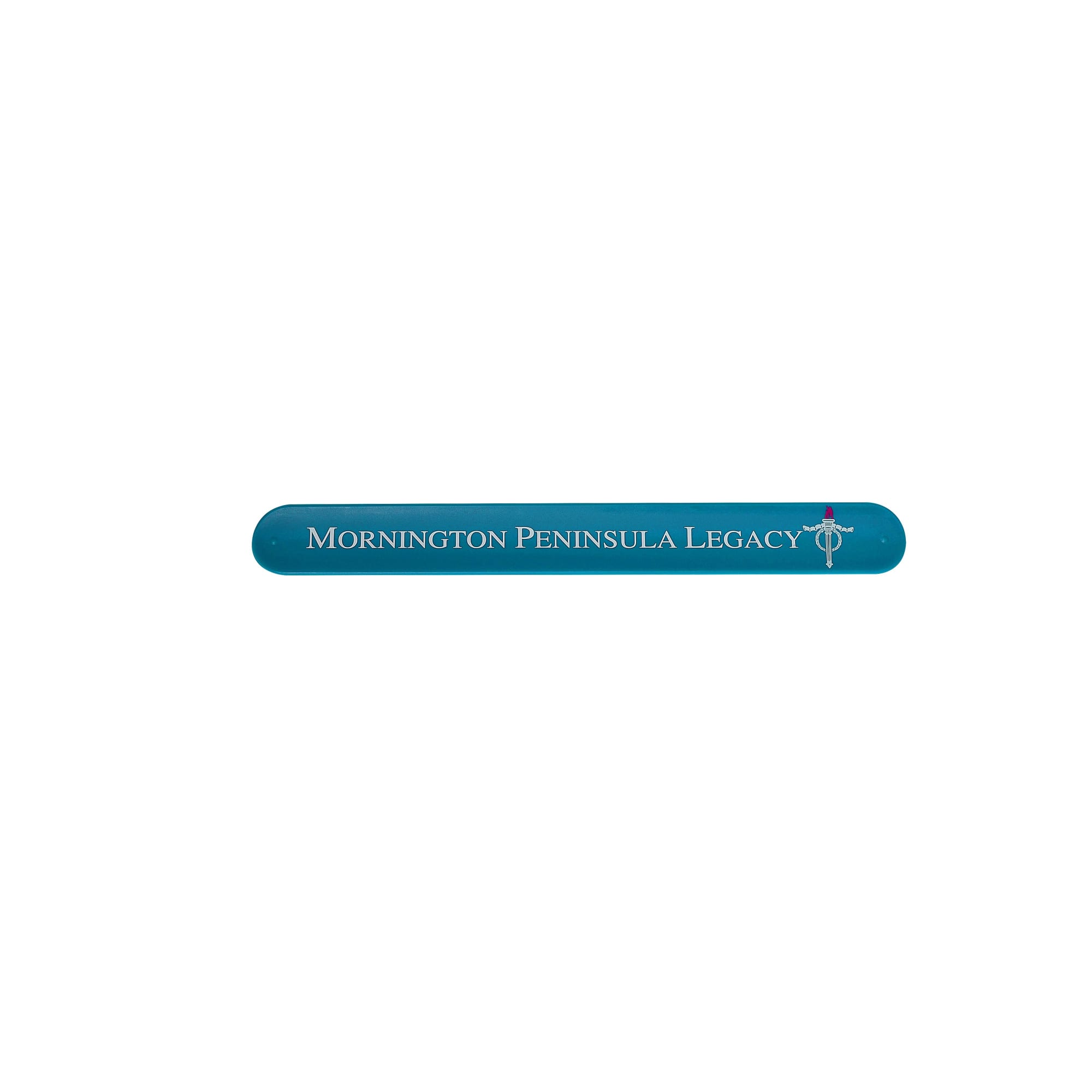 A turquoise silicone slap band featuring a logo and text. Ideal for exhibitions and events.