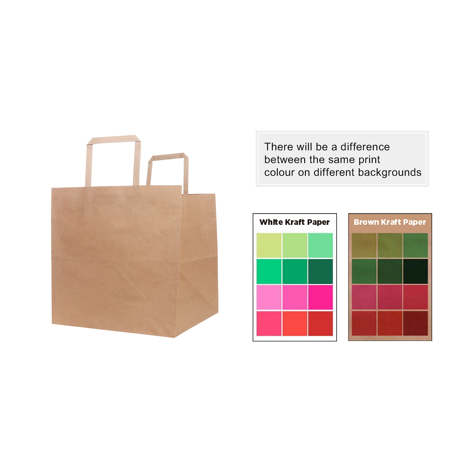 A brown flat handle kraft paper bag with two handles, accompanied by colour swatches for paper variations.