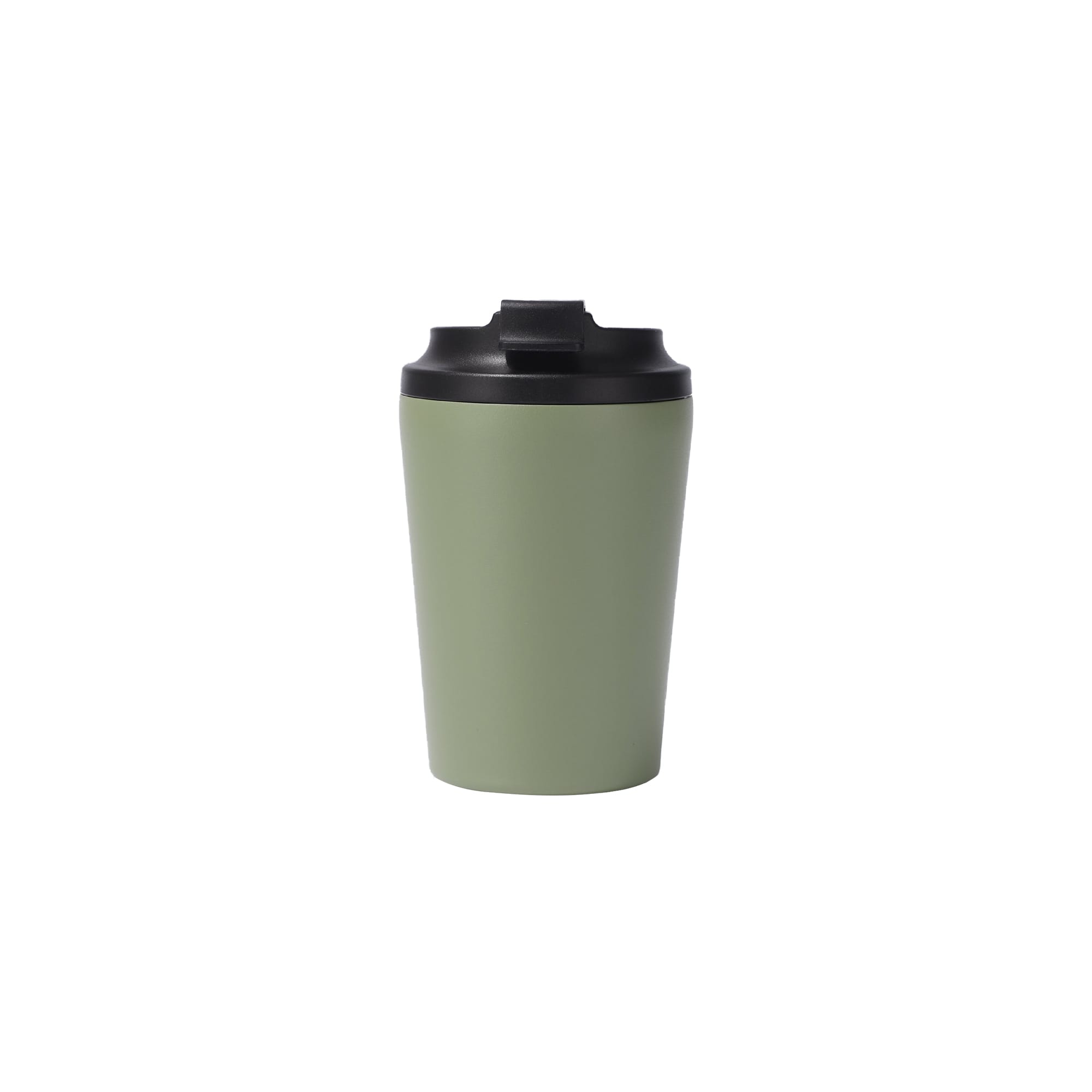A green 350ML powder-coated stainless steel coffee mug with a black lid and branding visible.