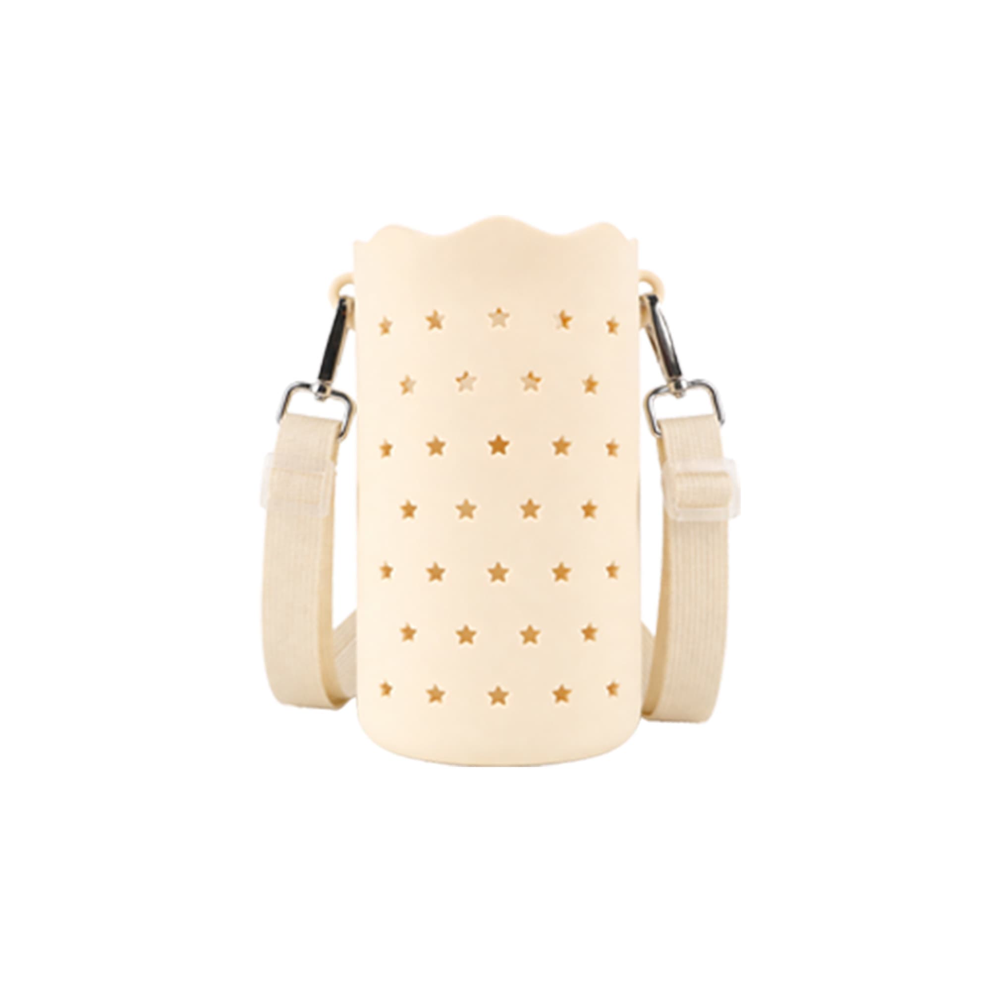 A drink bottle bag in a cream colour, featuring star-shaped holes and a detachable strap. It includes a logo.