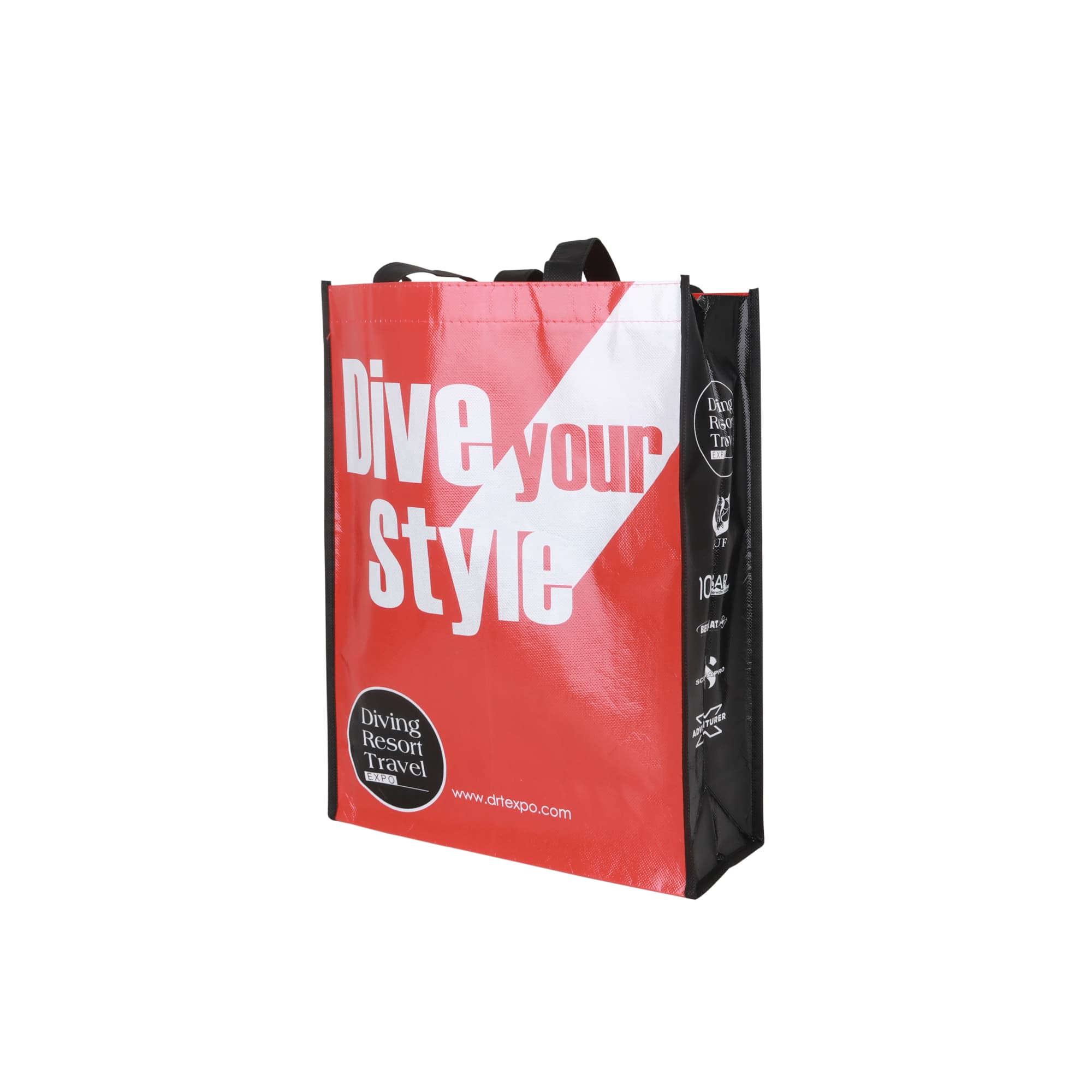 A laminated non-woven bag with a large gusset, featuring red and black colours, and a logo on the side.