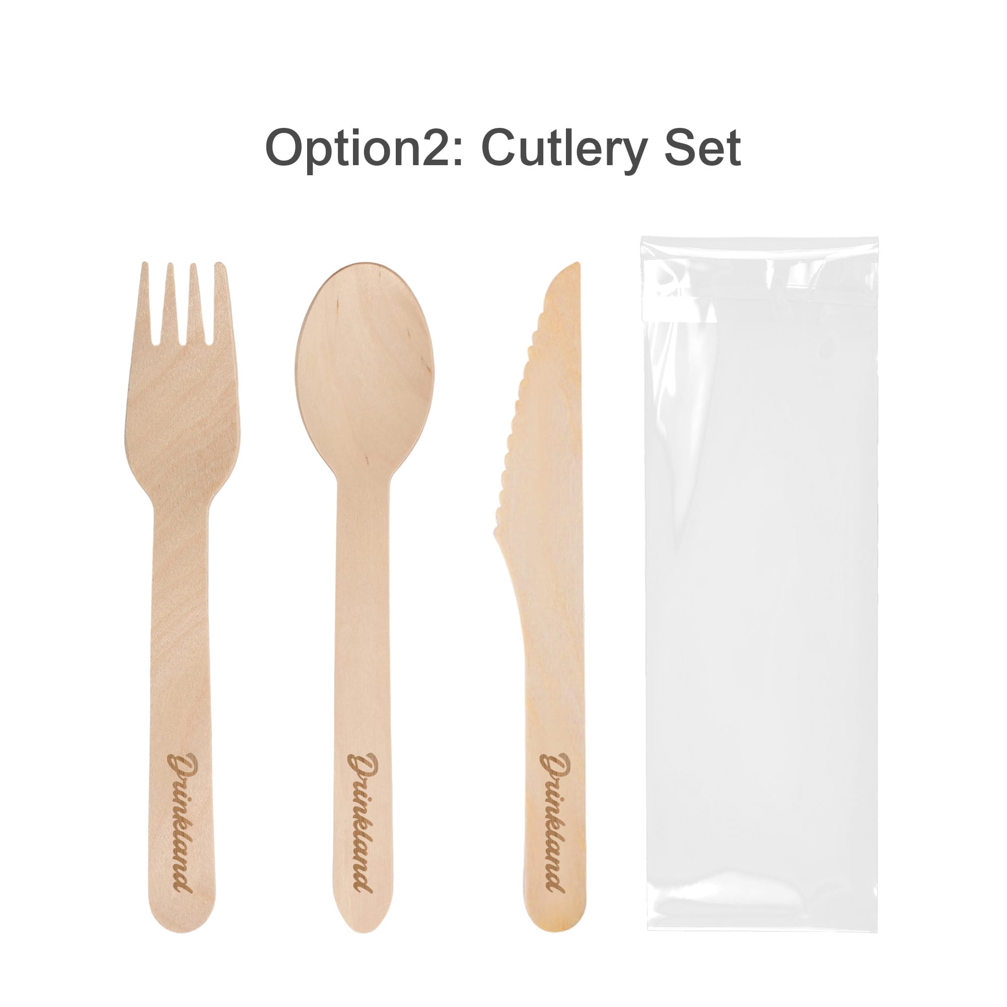 A set of disposable wooden cutlery featuring a fork, spoon, and knife, packaged in a clear sleeve.