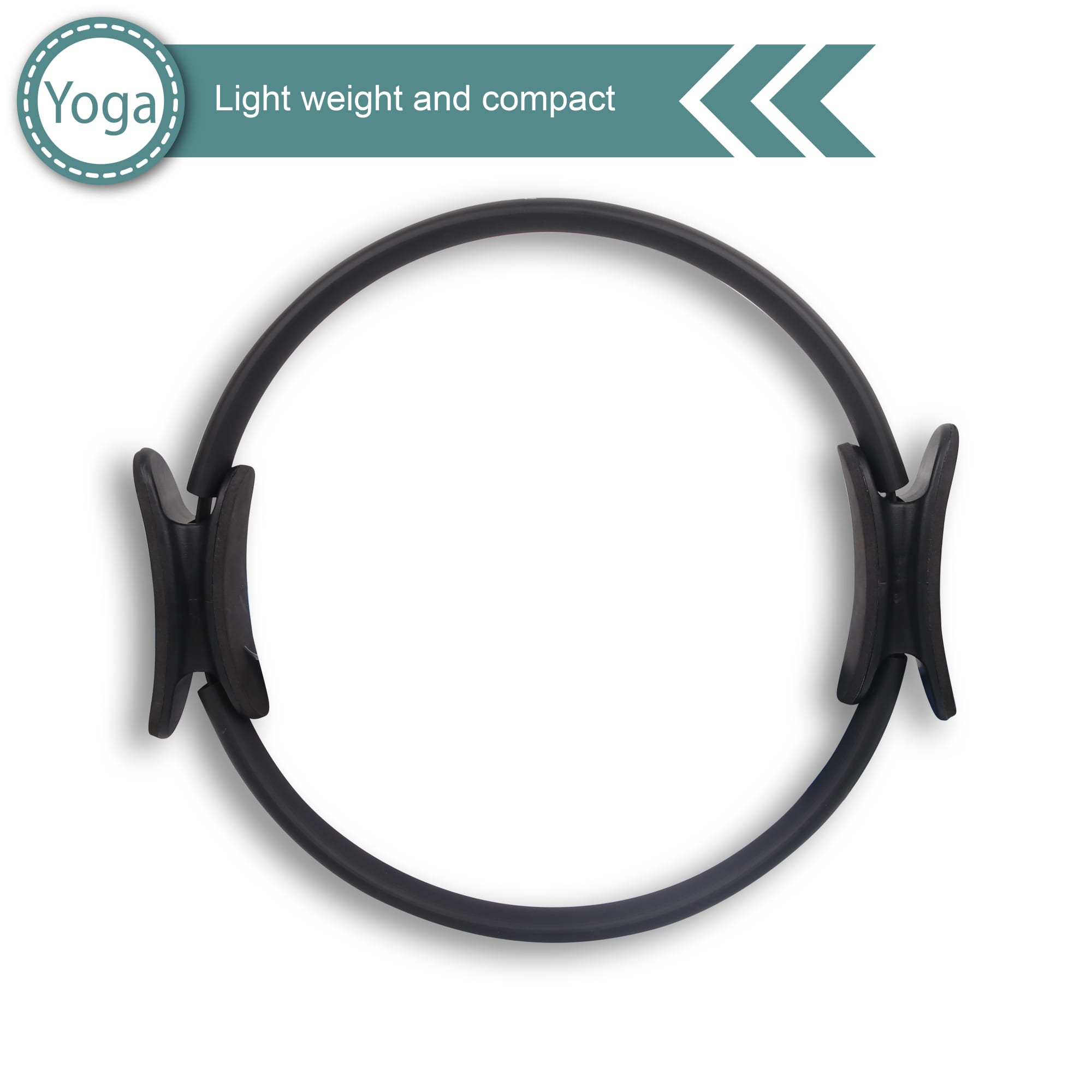 A black Pilates circle featuring two handles, lightweight and compact for fitness activities.