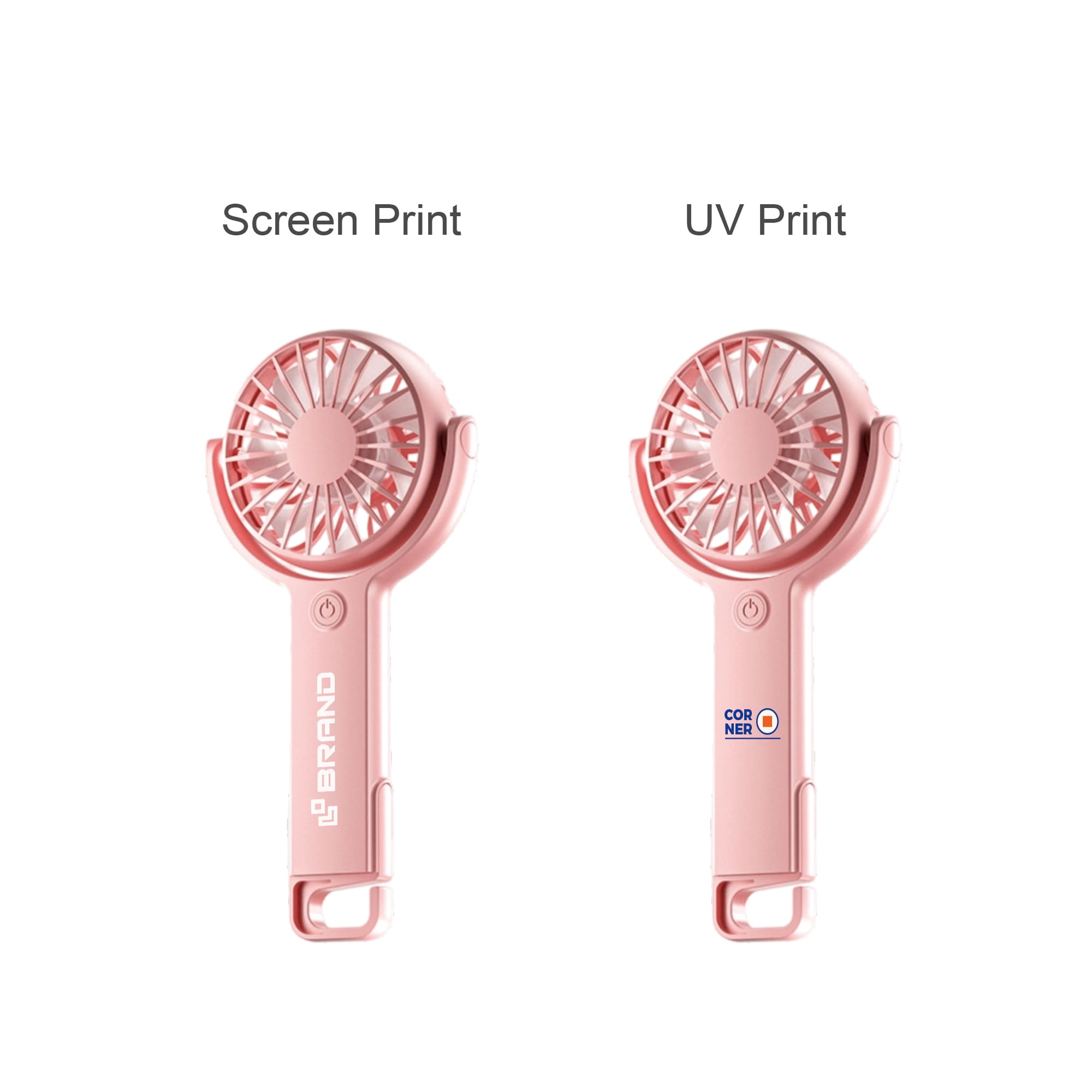 A pink handheld fan with a 180° adjustable angle and branding, featuring two printing options.