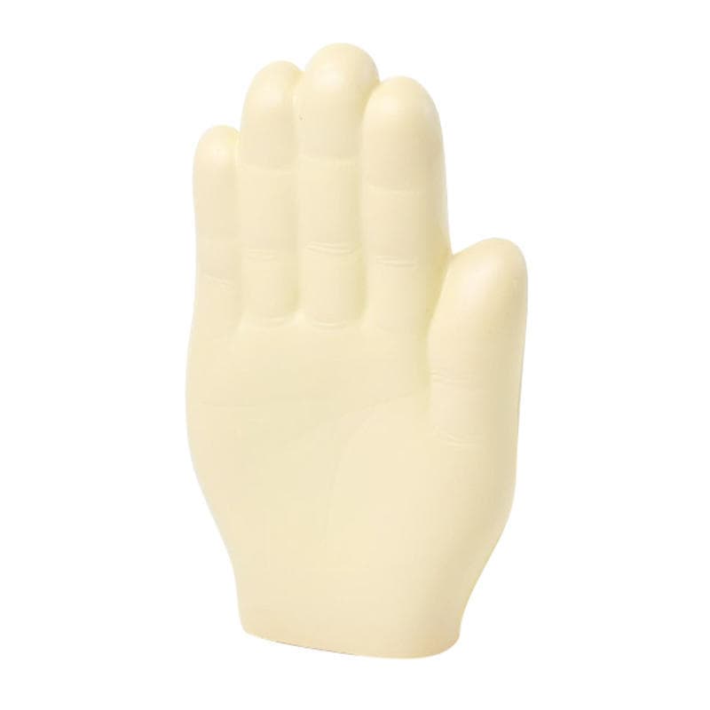 A palm-shaped stress reliever in a light cream colour, featuring a smooth texture and a simplistic design.