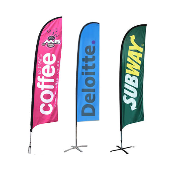 A set of three straight feather banners in pink, blue, and green, featuring different logos and designs.