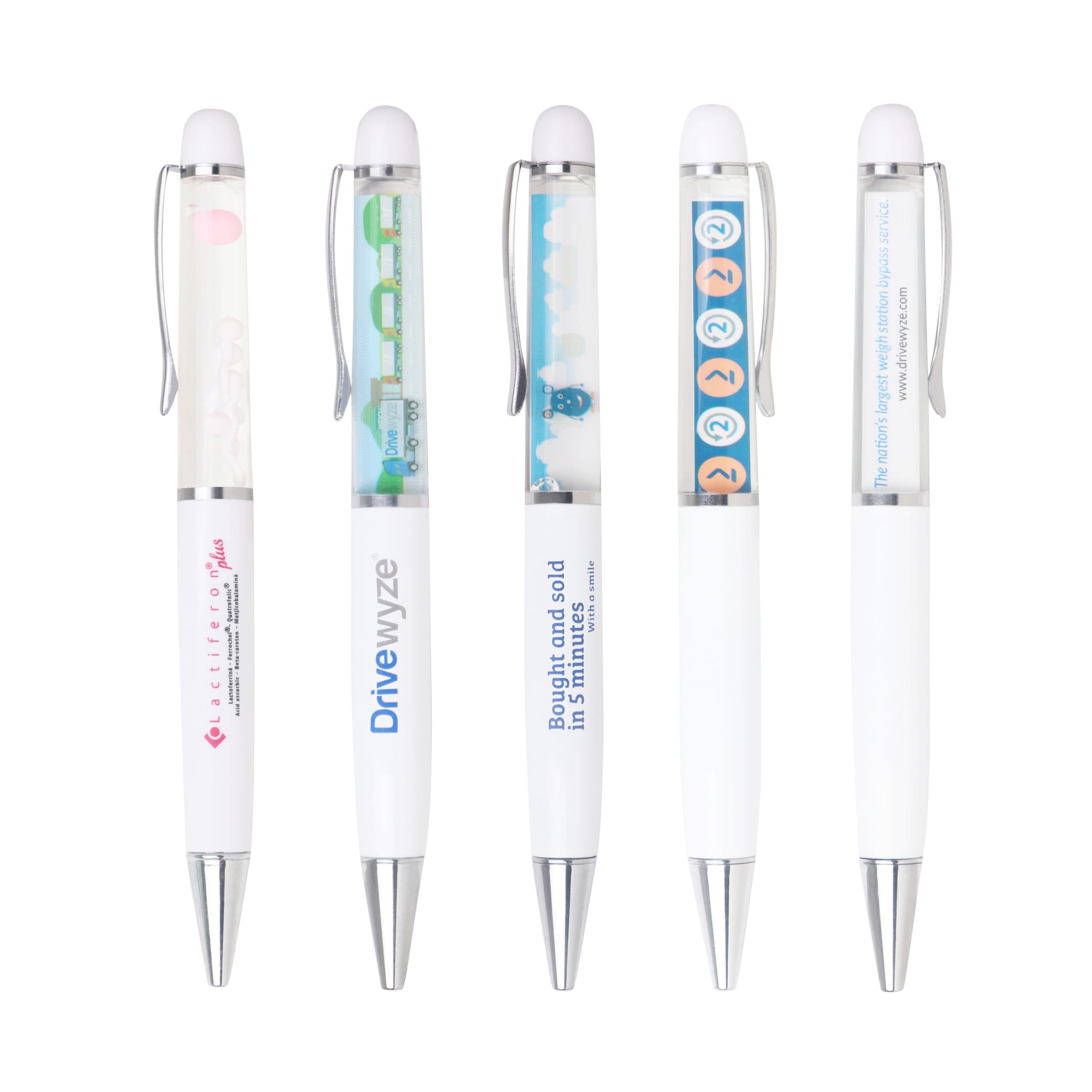 A selection of white plastic pens featuring colourful designs and clip mechanisms, all with branding.