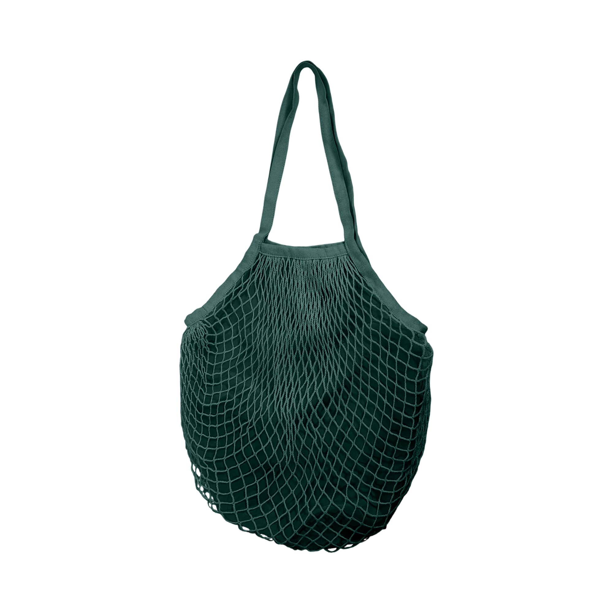 A green mesh grocery bag with sturdy handles and a spacious inner compartment. It features a logo.
