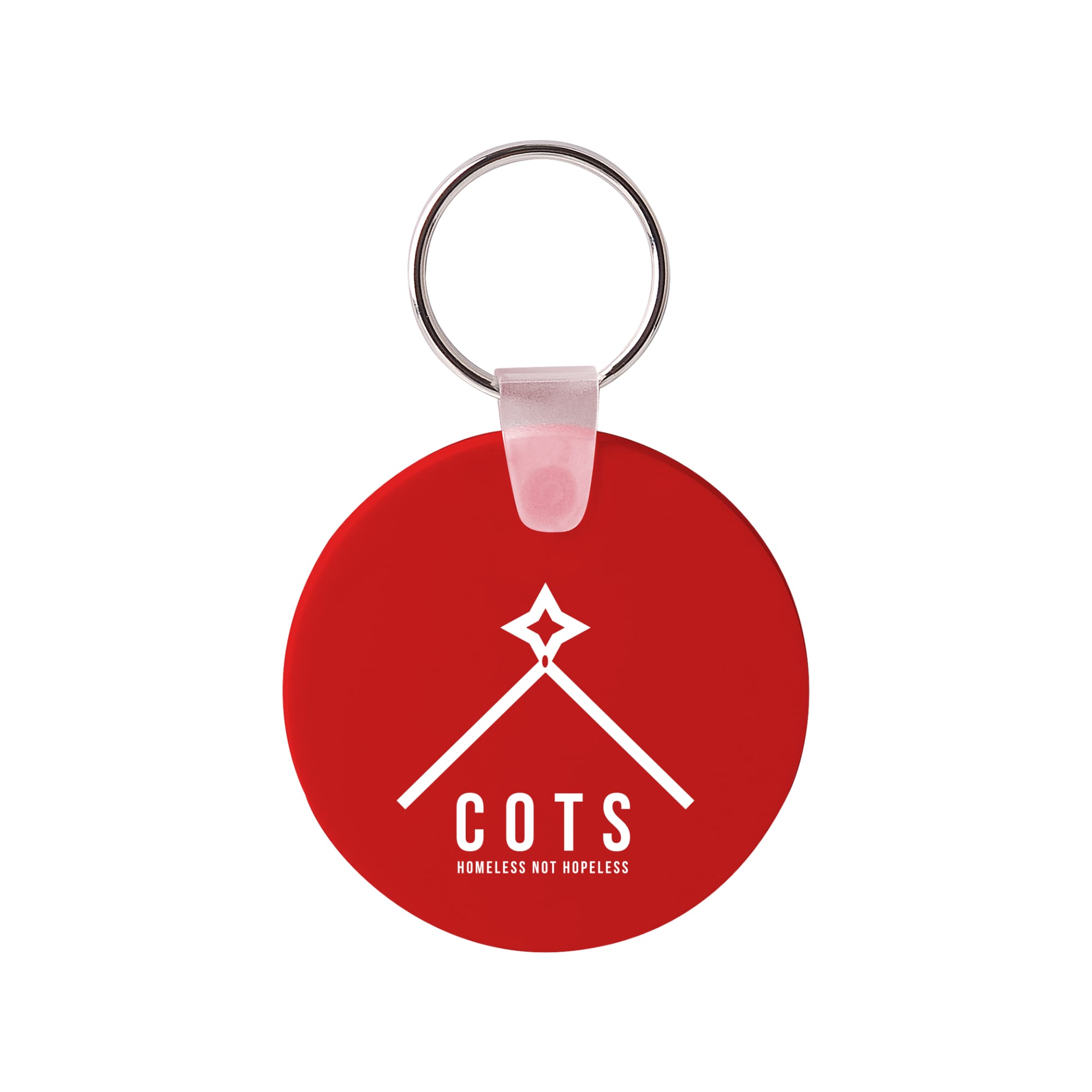 A round red Durasoft keyring with a silver metal ring, featuring a logo on one side.