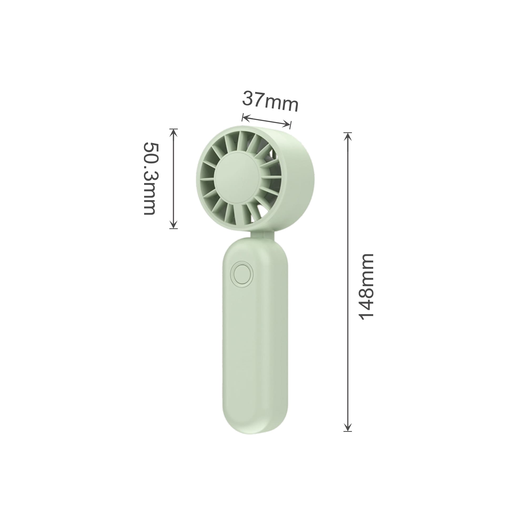 A foldable handheld fan in light green, featuring a circular fan head and dimensions displayed alongside.