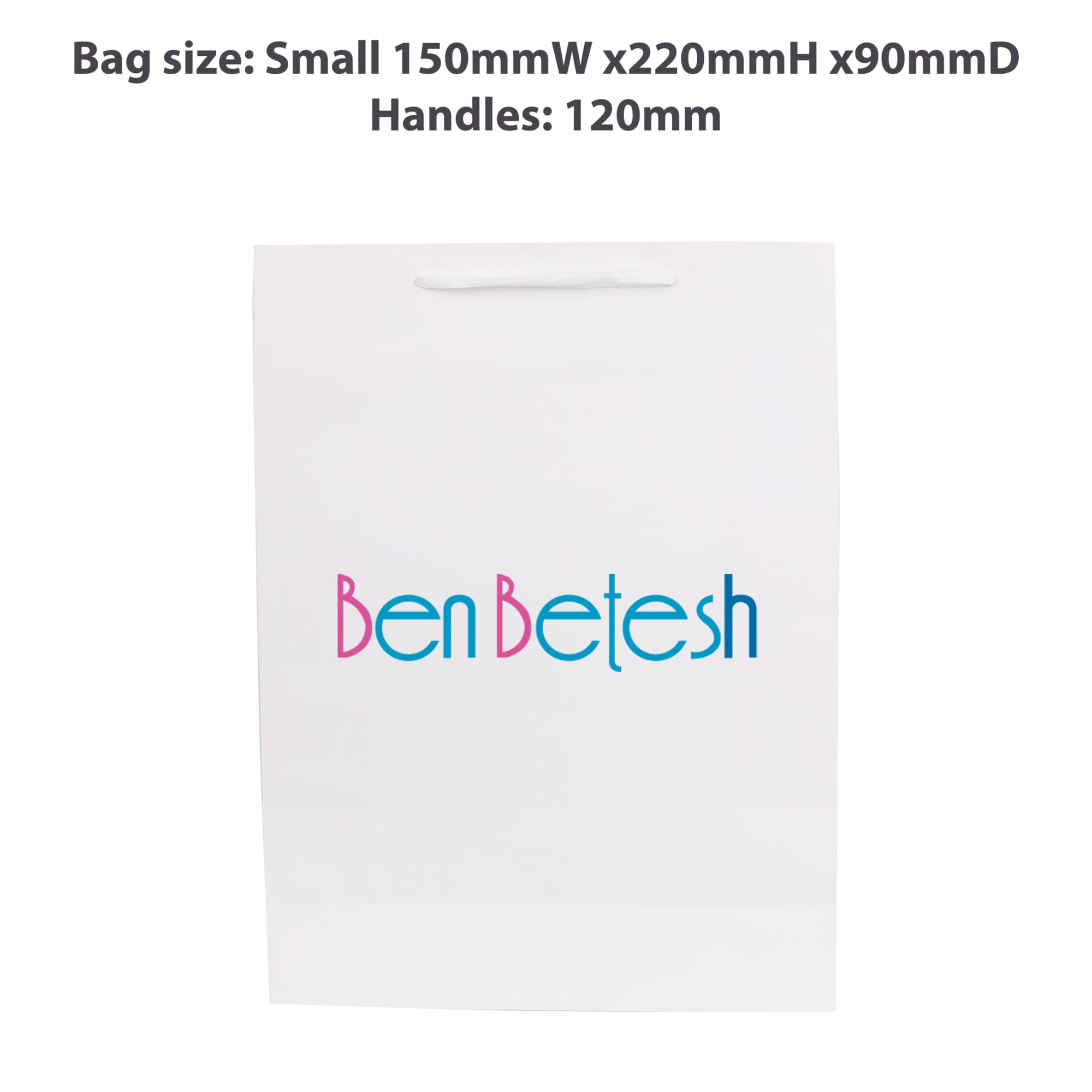 A small white vertical paper bag with a rope handle, featuring colourful branding on the front.