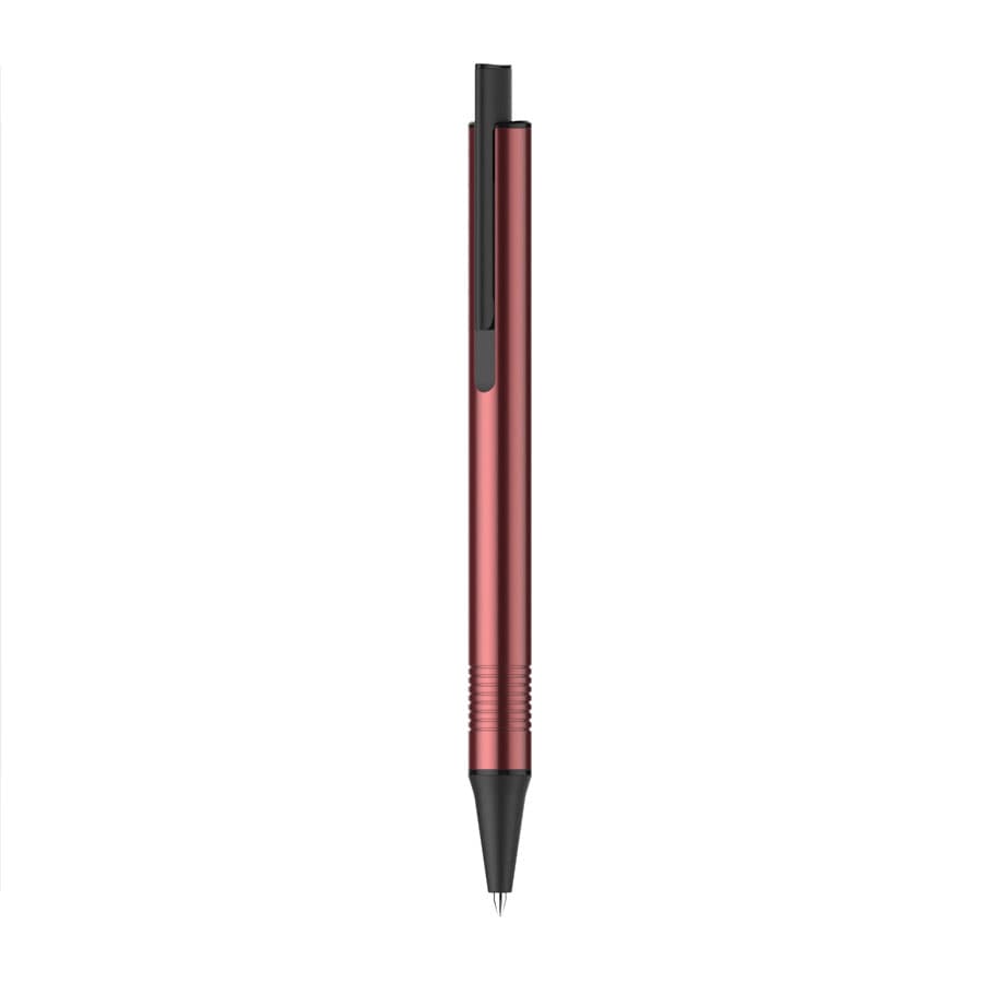 A red metallic pen with a sleek design and black accents, featuring a clip and a fine point tip.