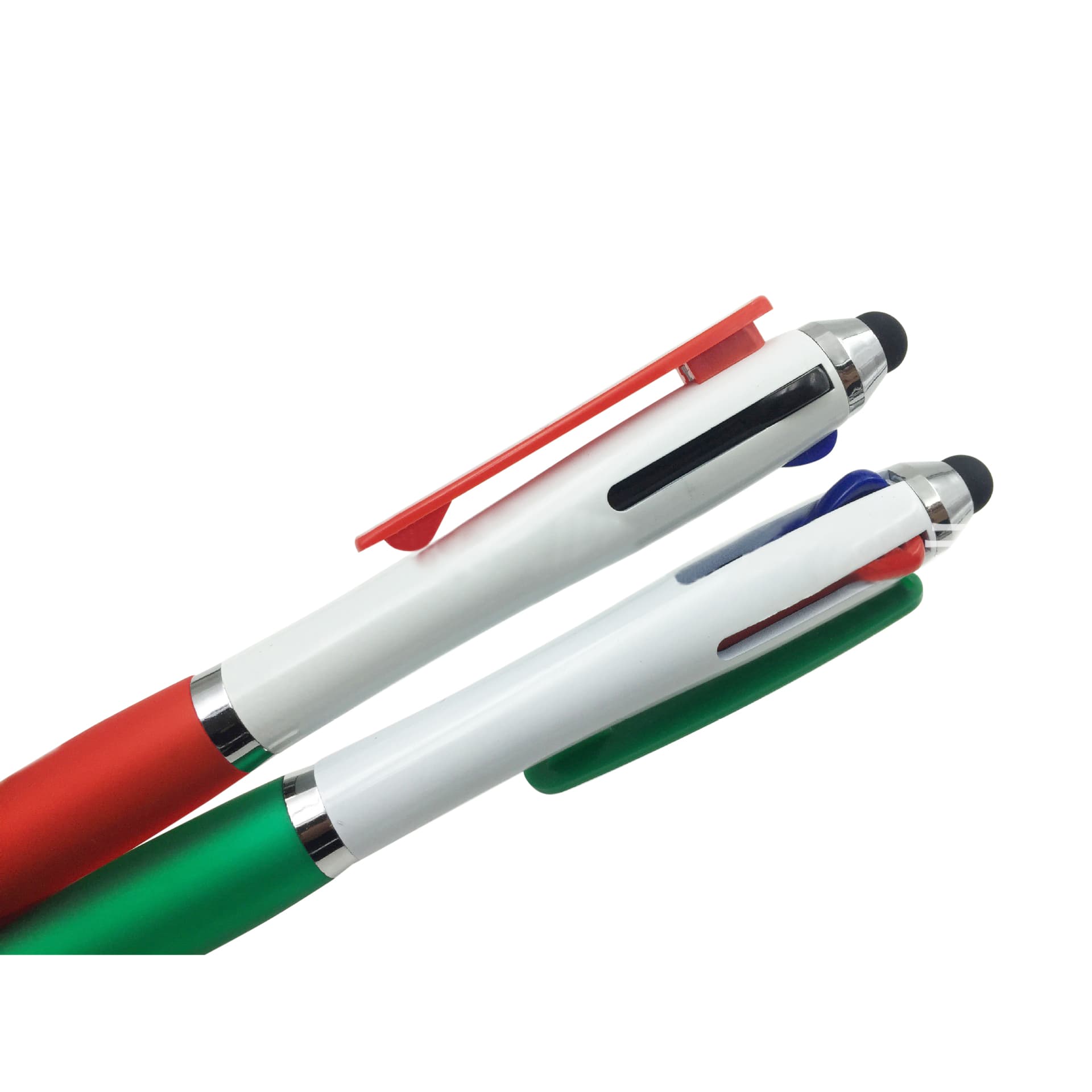 A three-colour ball pen featuring red, green, and blue ink options, with a white barrel and clip accents.