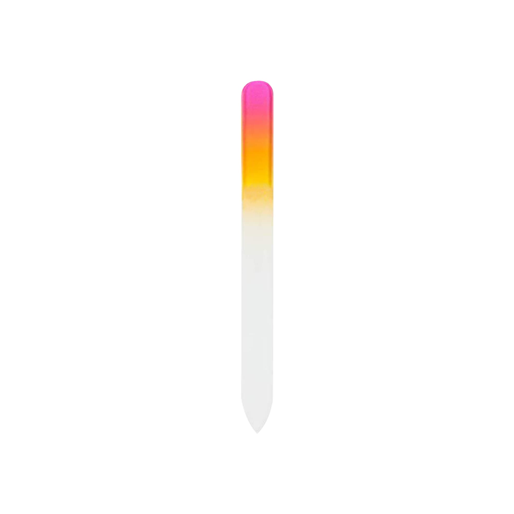 A gradient coloured glass nail file featuring pink and yellow hues, transitioning smoothly to clear at the tip.