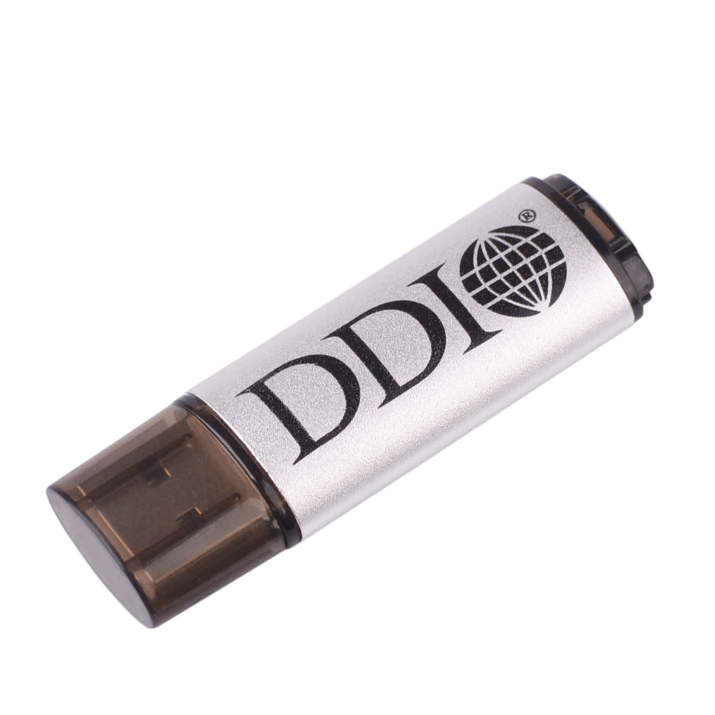 A silver and black flash drive with a semi-transparent cap and a logo design.