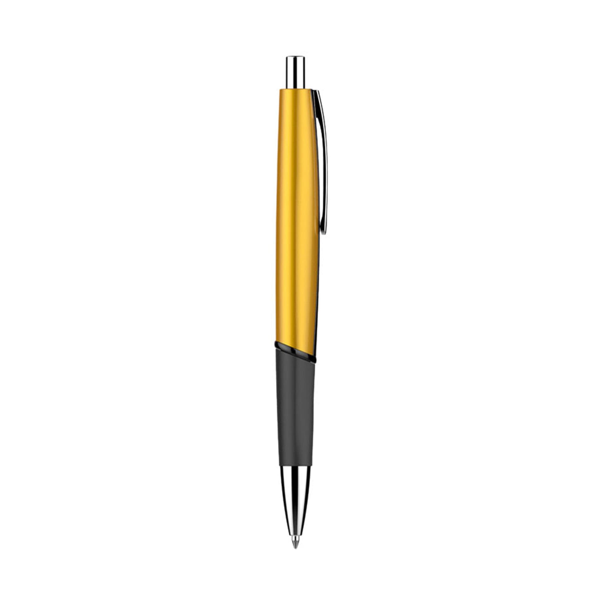 A plastic pen featuring a gold upper section and a black lower section. The pen includes a clip and a silver tip.