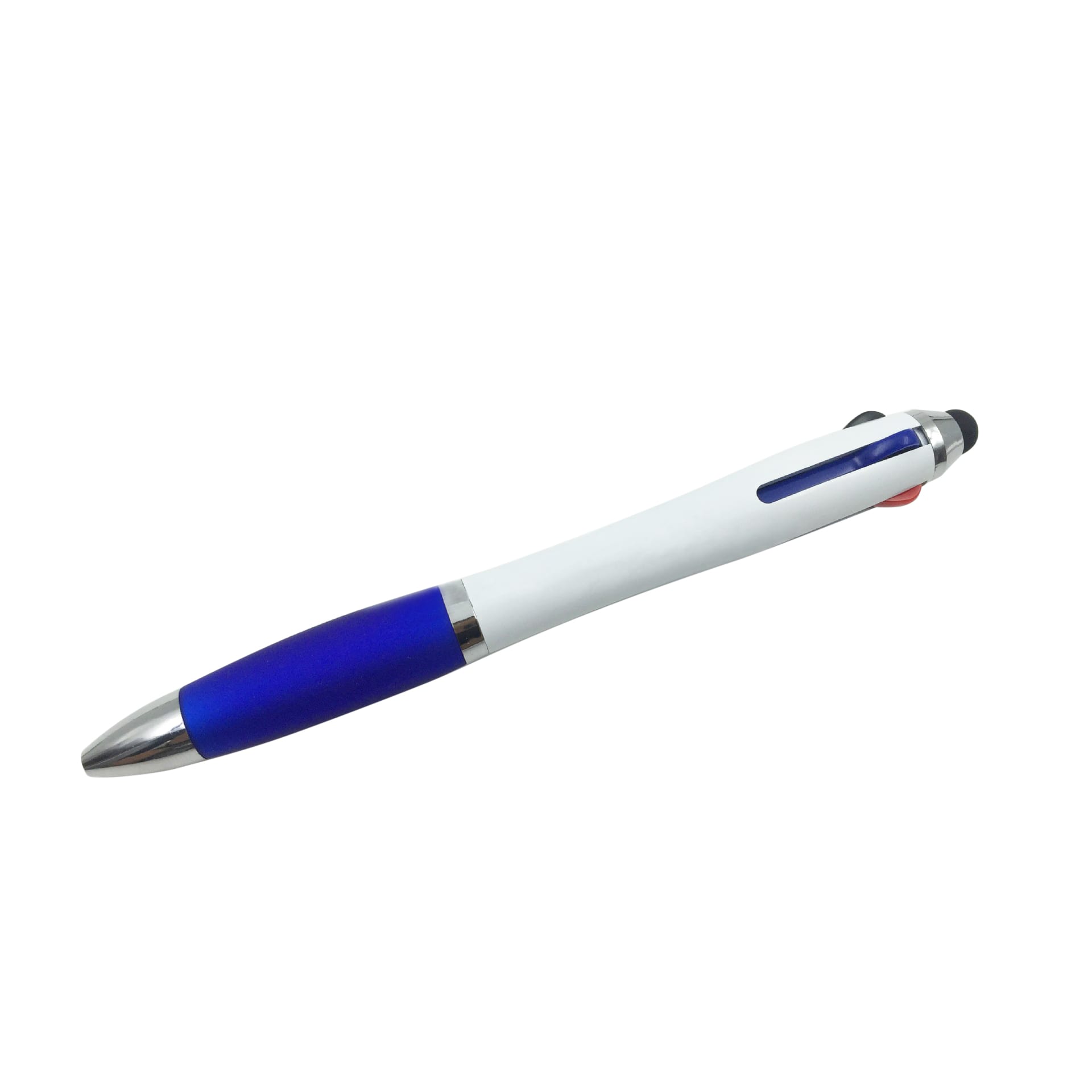 A three-colour ball pen in white and blue, featuring a soft grip and a chrome accent. It has a logo on the barrel.